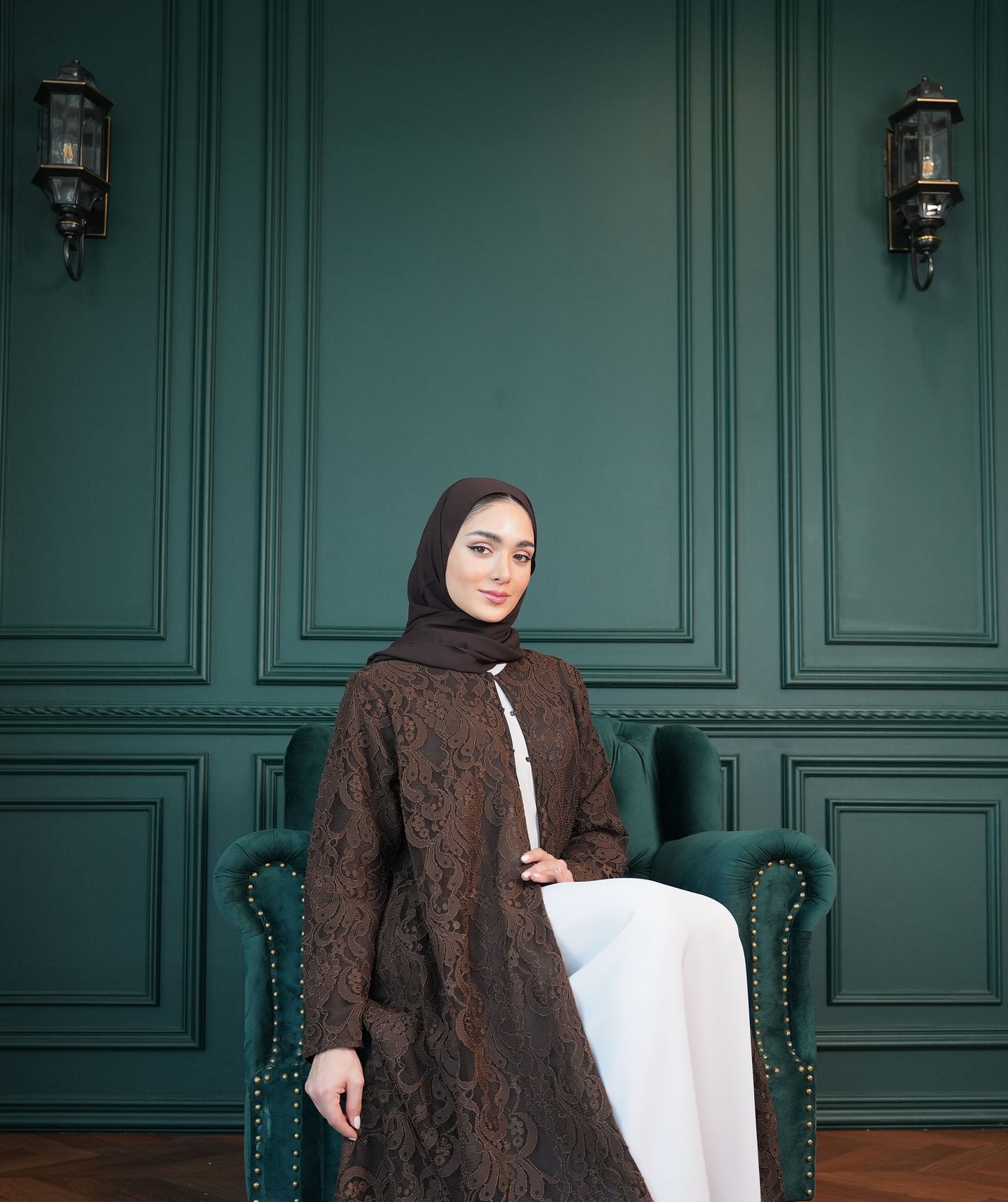 Lace Abaya with chiffon lining Brown