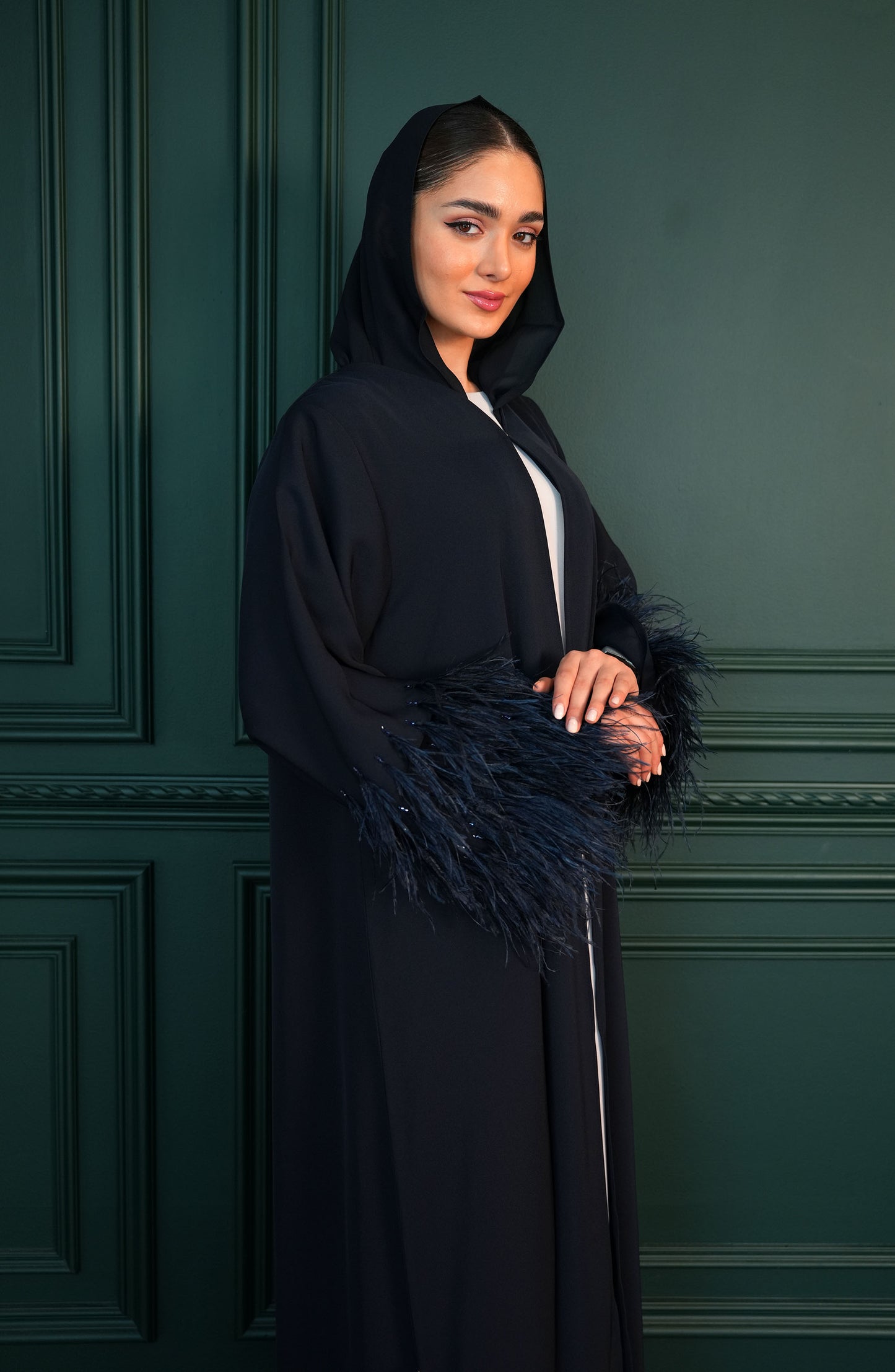 Internet fabric Abaya with feathers and handmade beadwork