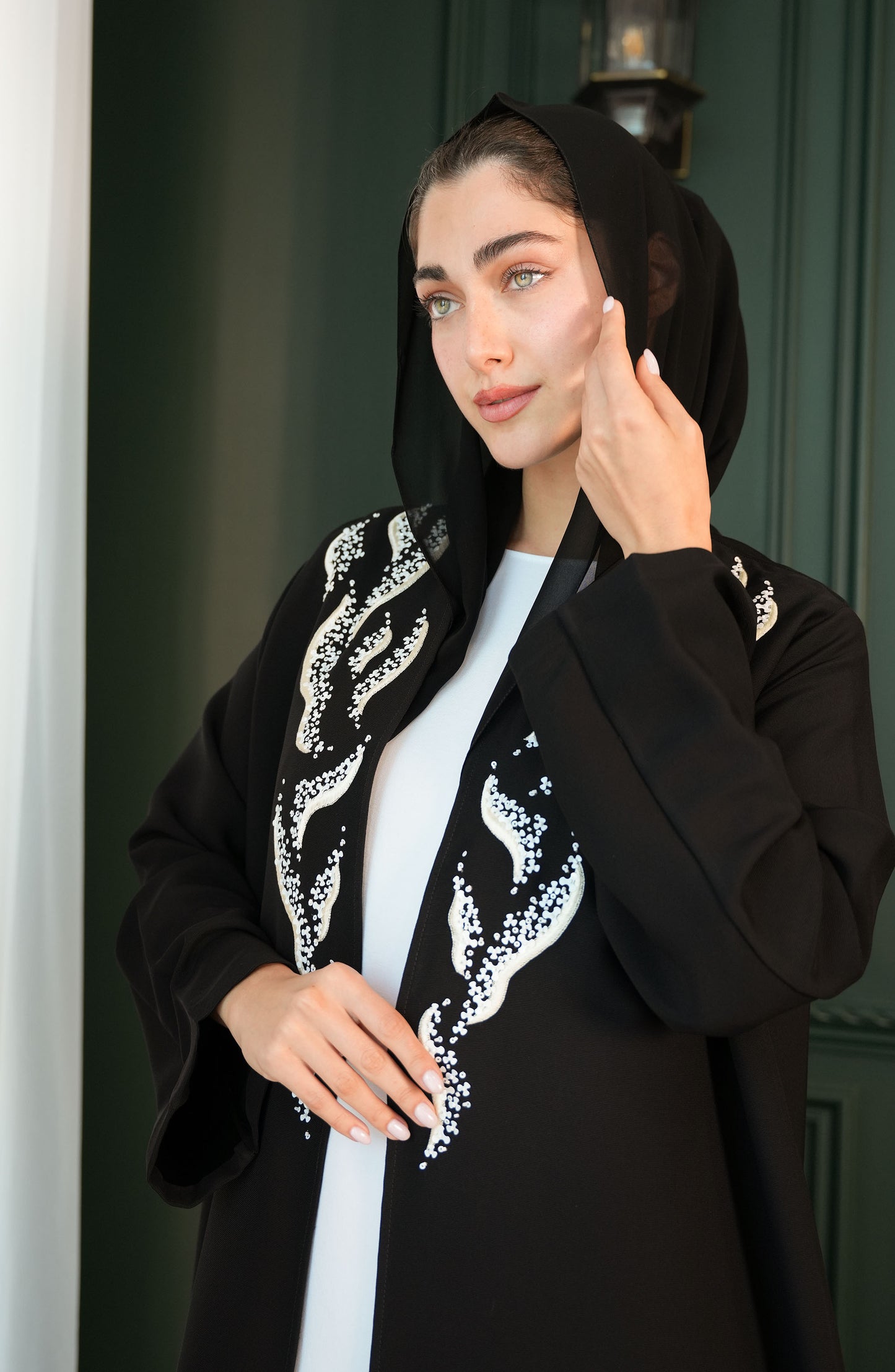 Italian crepe Abaya , hand-embroidered with beads
