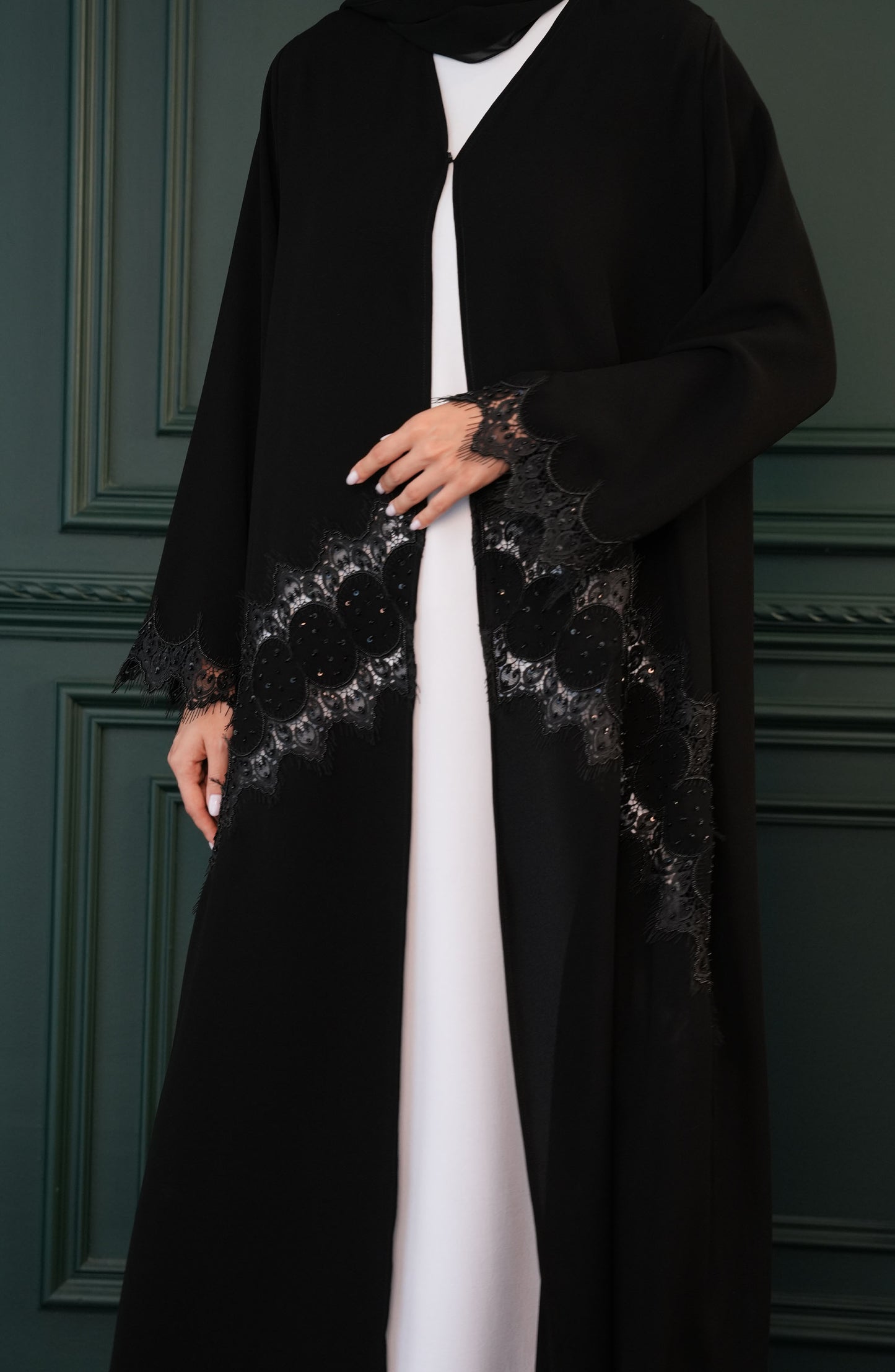 Kuwaiti Salsa fabric, embroidered lace with handwork Abaya