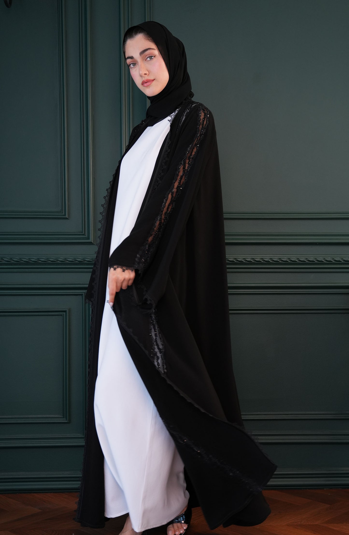 Victoria Kuwaiti fabric Abaya with lace embroidery and hand-beaded details