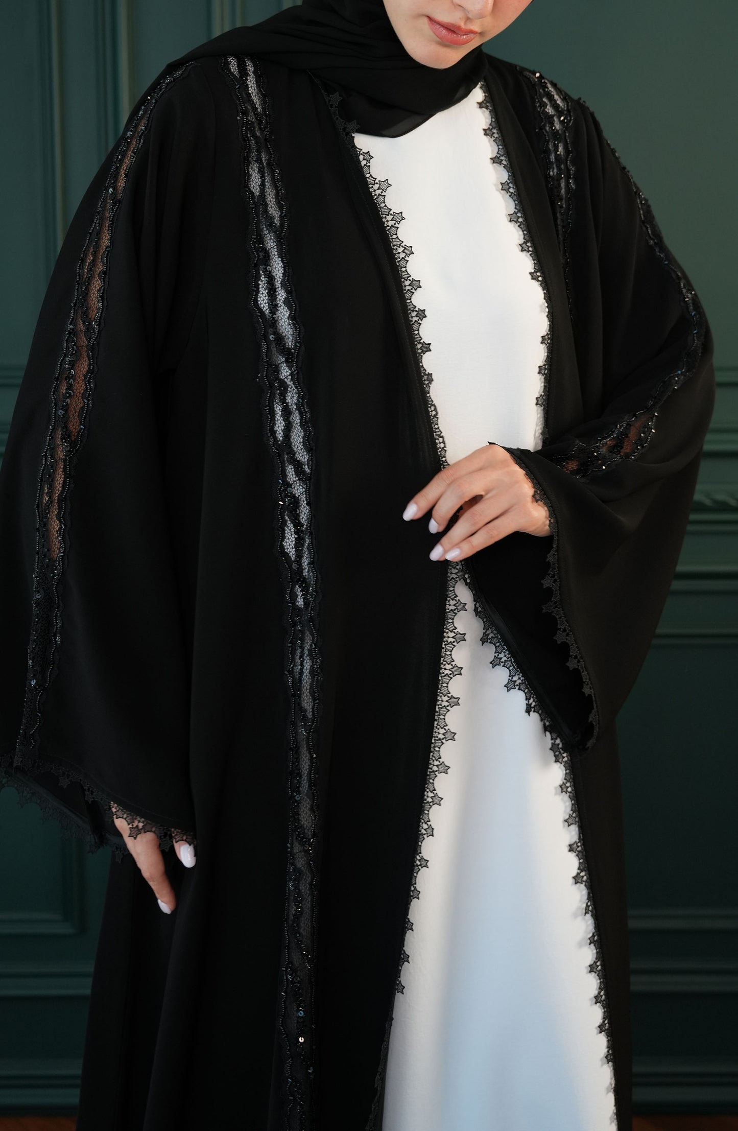 Victoria Kuwaiti fabric Abaya with lace embroidery and hand-beaded details