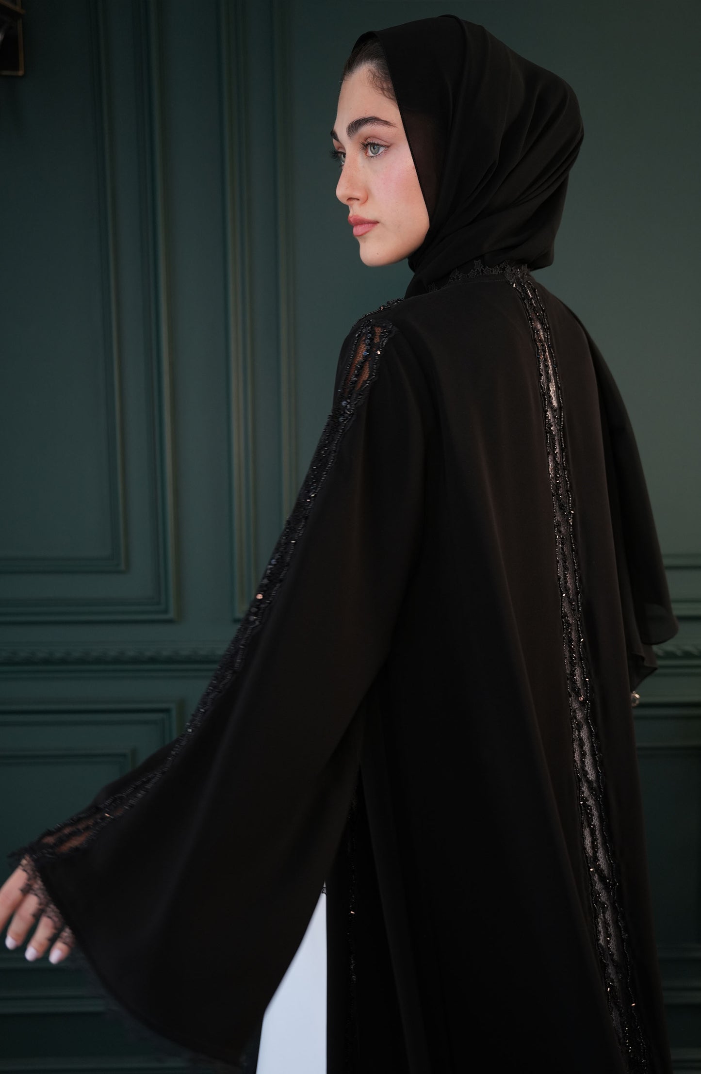 Victoria Kuwaiti fabric Abaya with lace embroidery and hand-beaded details