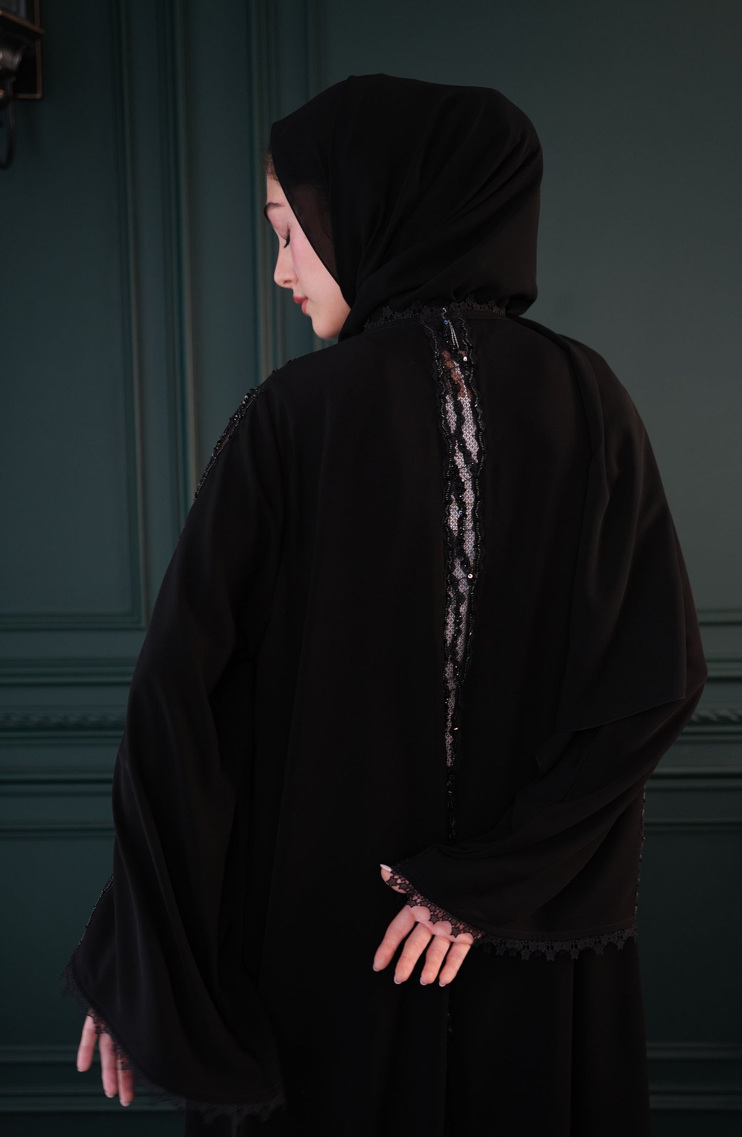 Victoria Kuwaiti fabric Abaya with lace embroidery and hand-beaded details