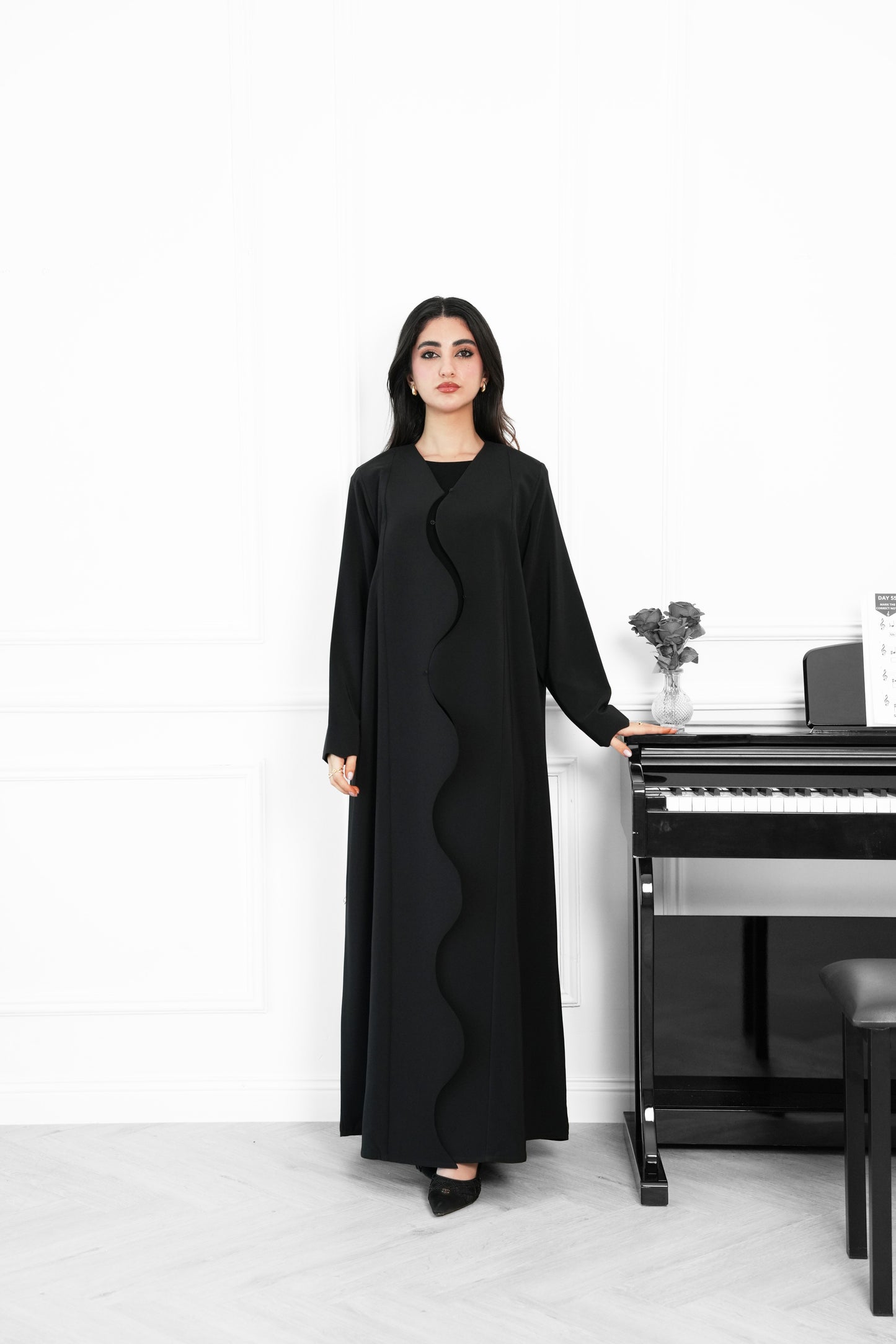 Linen crepe , Abaya with Elegant Wave Cut Front
