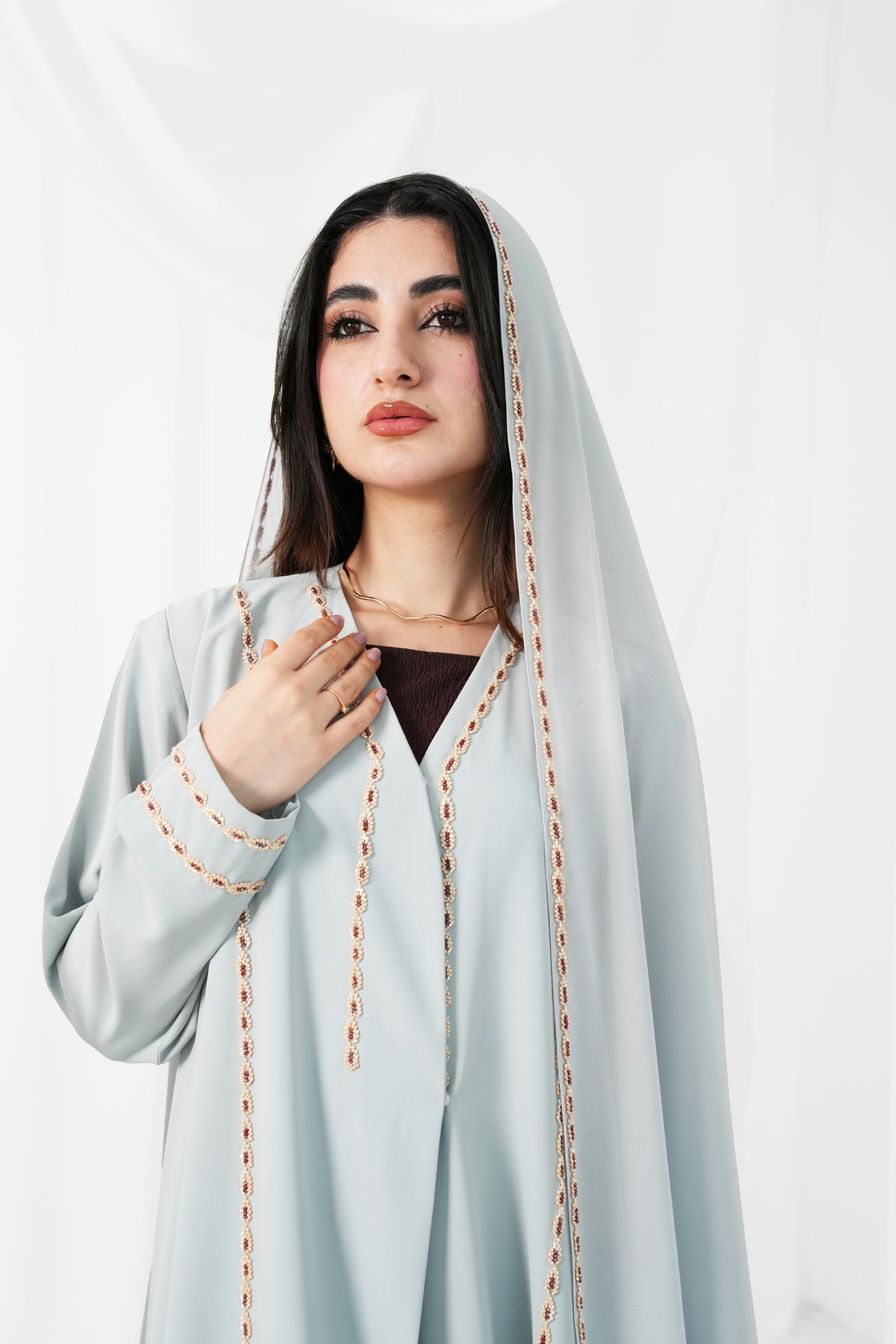 Breathable crepe Fabric, Beaded Abaya