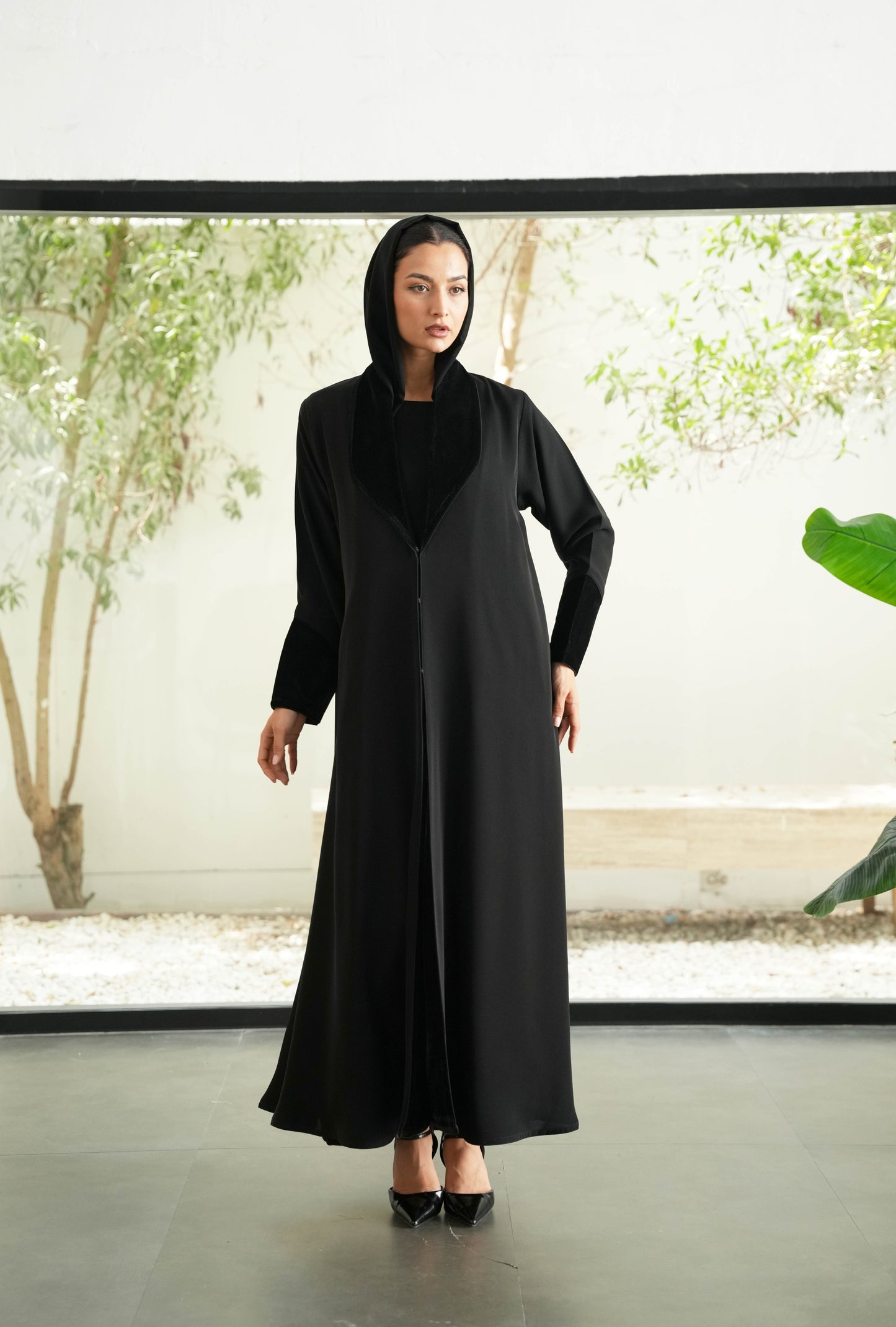 Internet Fabric Abaya with Velvet Collar – Office Chic