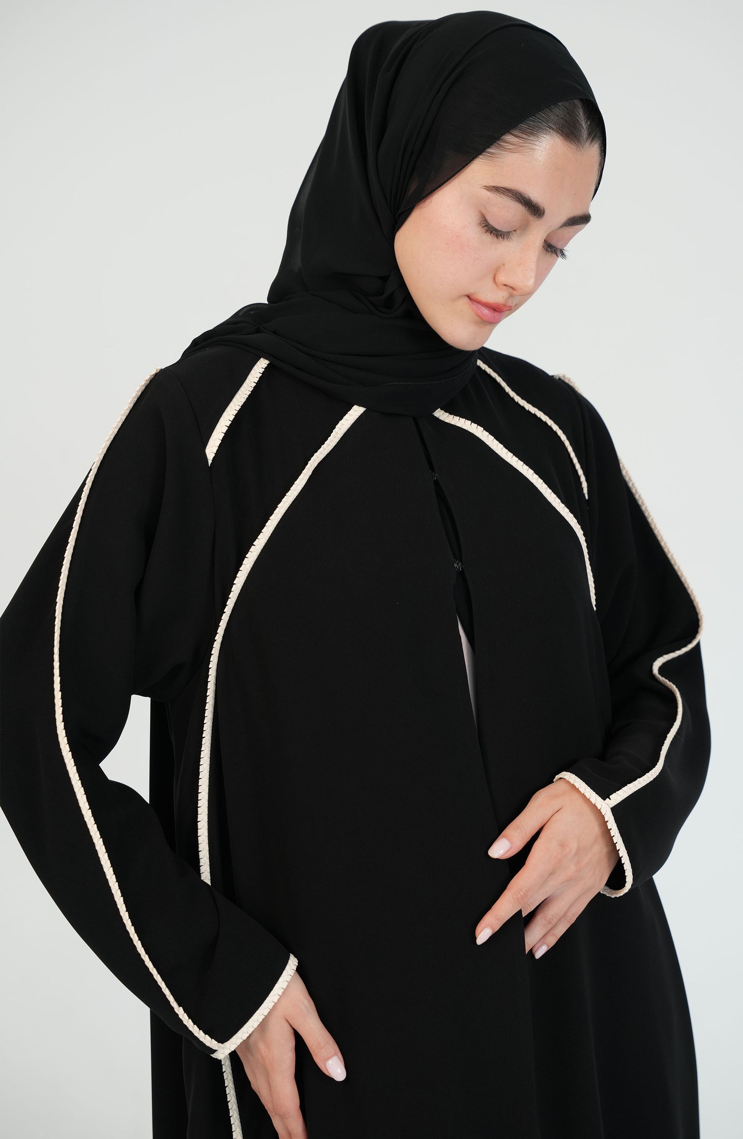 Salsa Crepe Abaya with Beige Lace