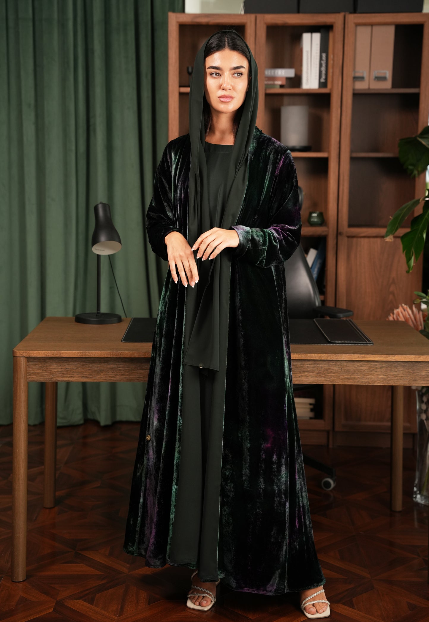 silk Velvet Abaya Green and Brown