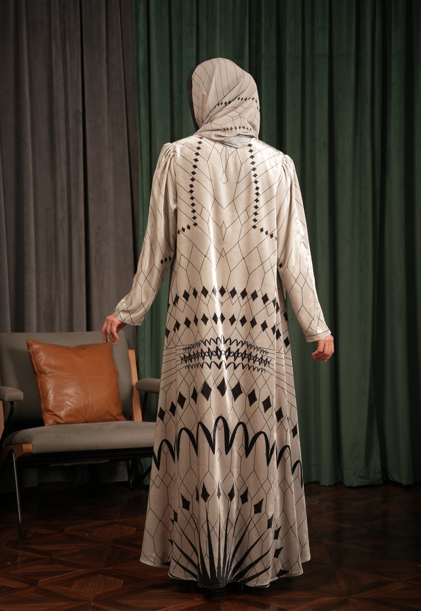 Printed Velvet Abaya - Beige