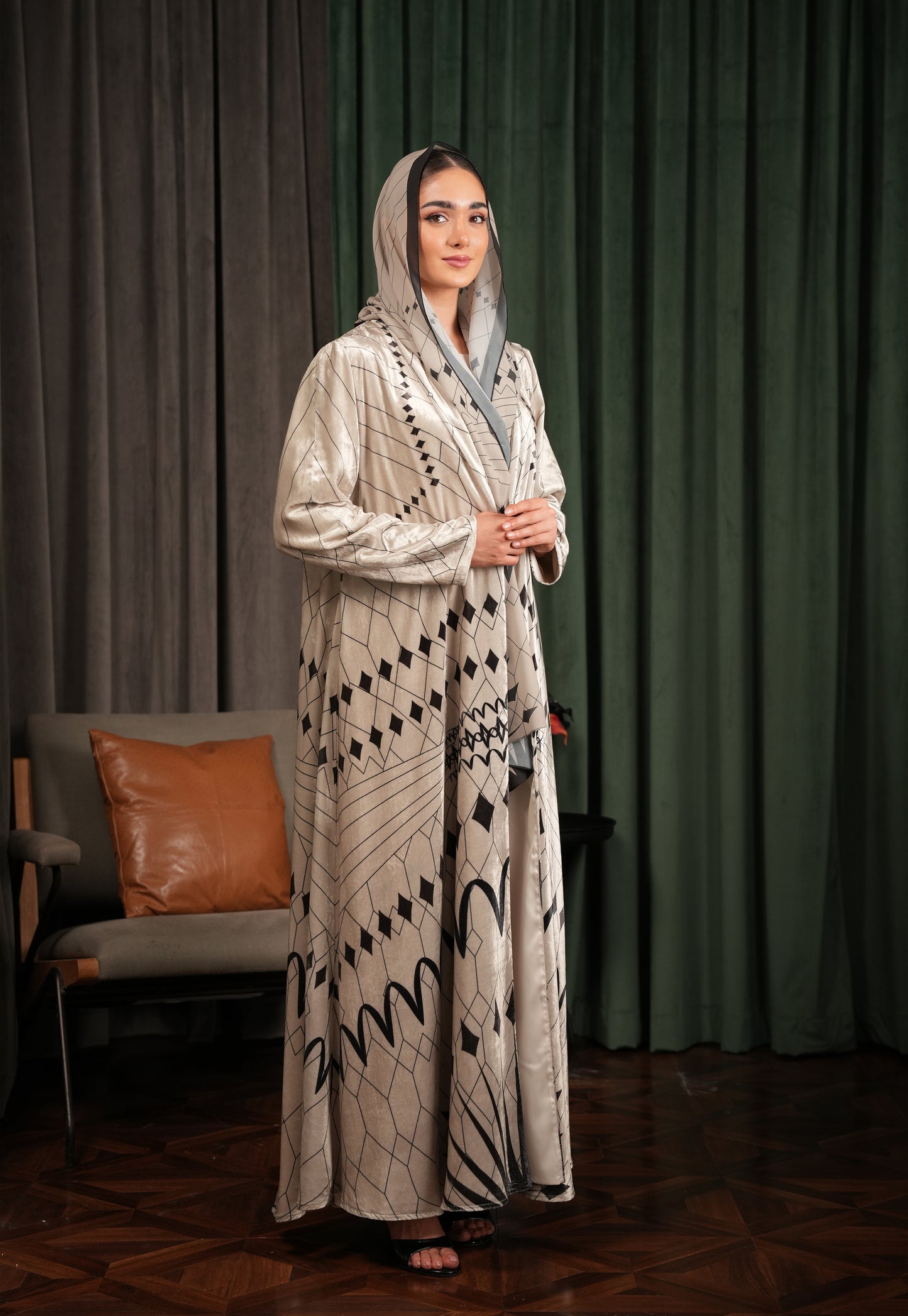 Printed Velvet Abaya - Beige