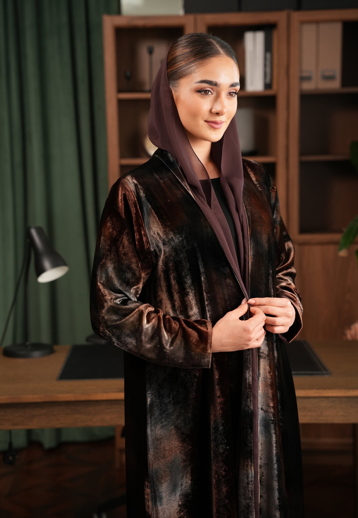 silk Velvet Abaya Green and Brown