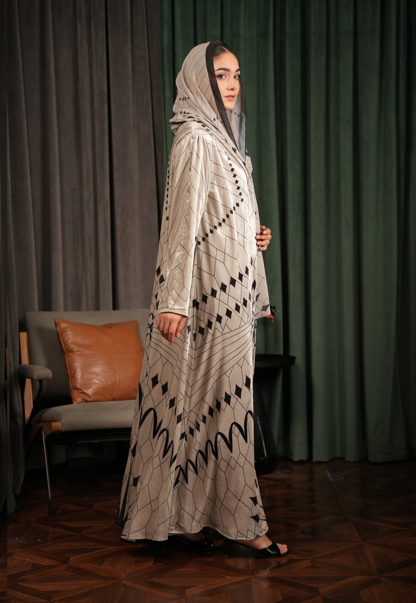 Printed Velvet Abaya - Beige