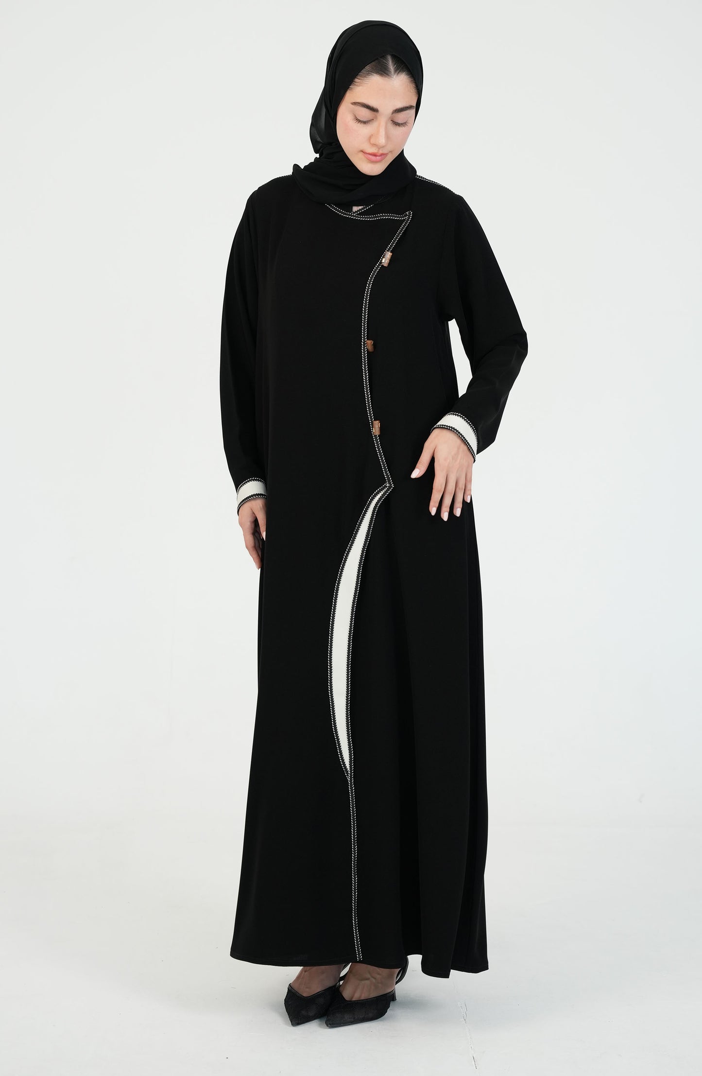 Salsa Crepe Abaya embroidery lines in white + gold buttons