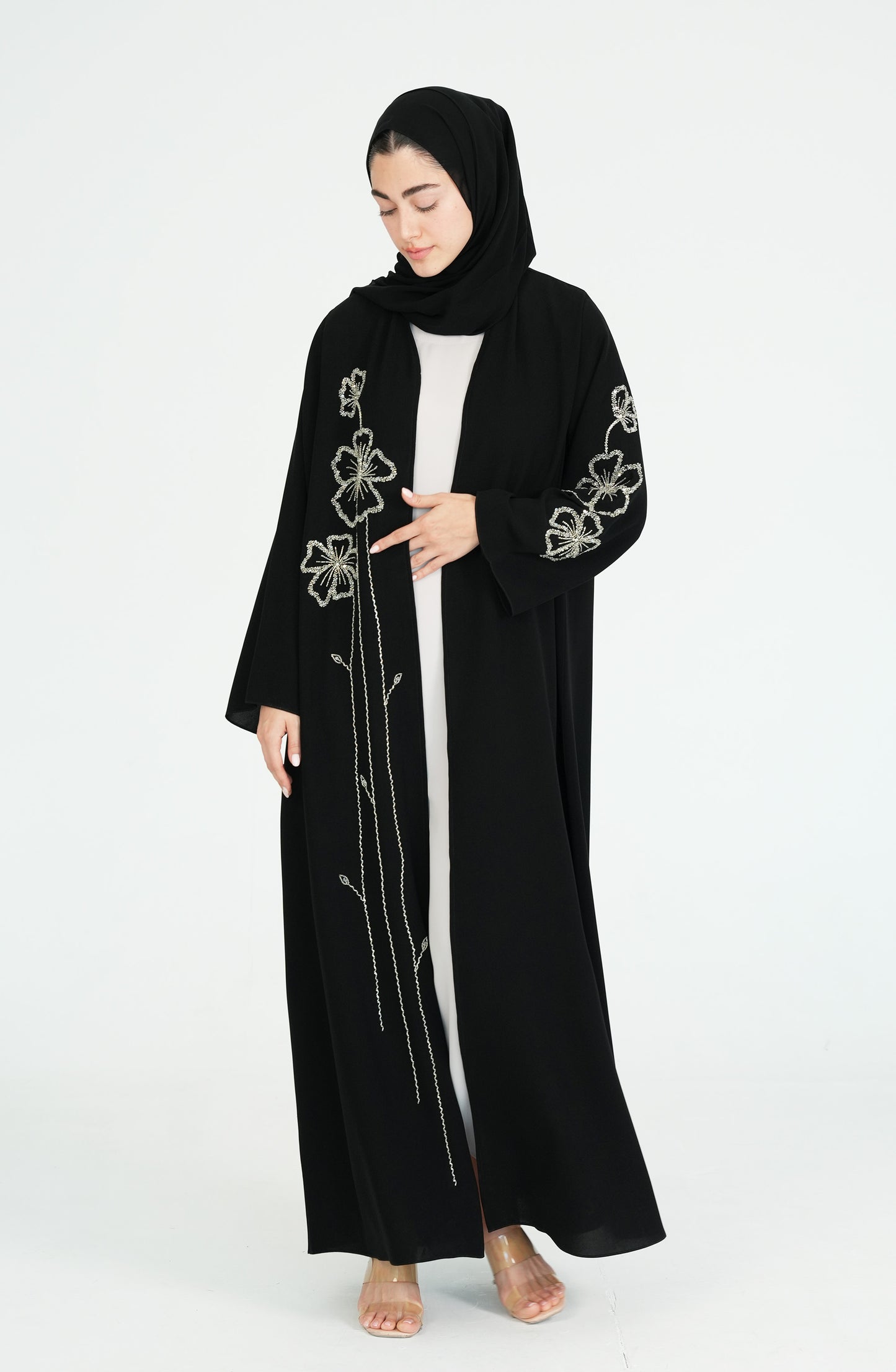 Salsa Crepe Abaya with silver handwork