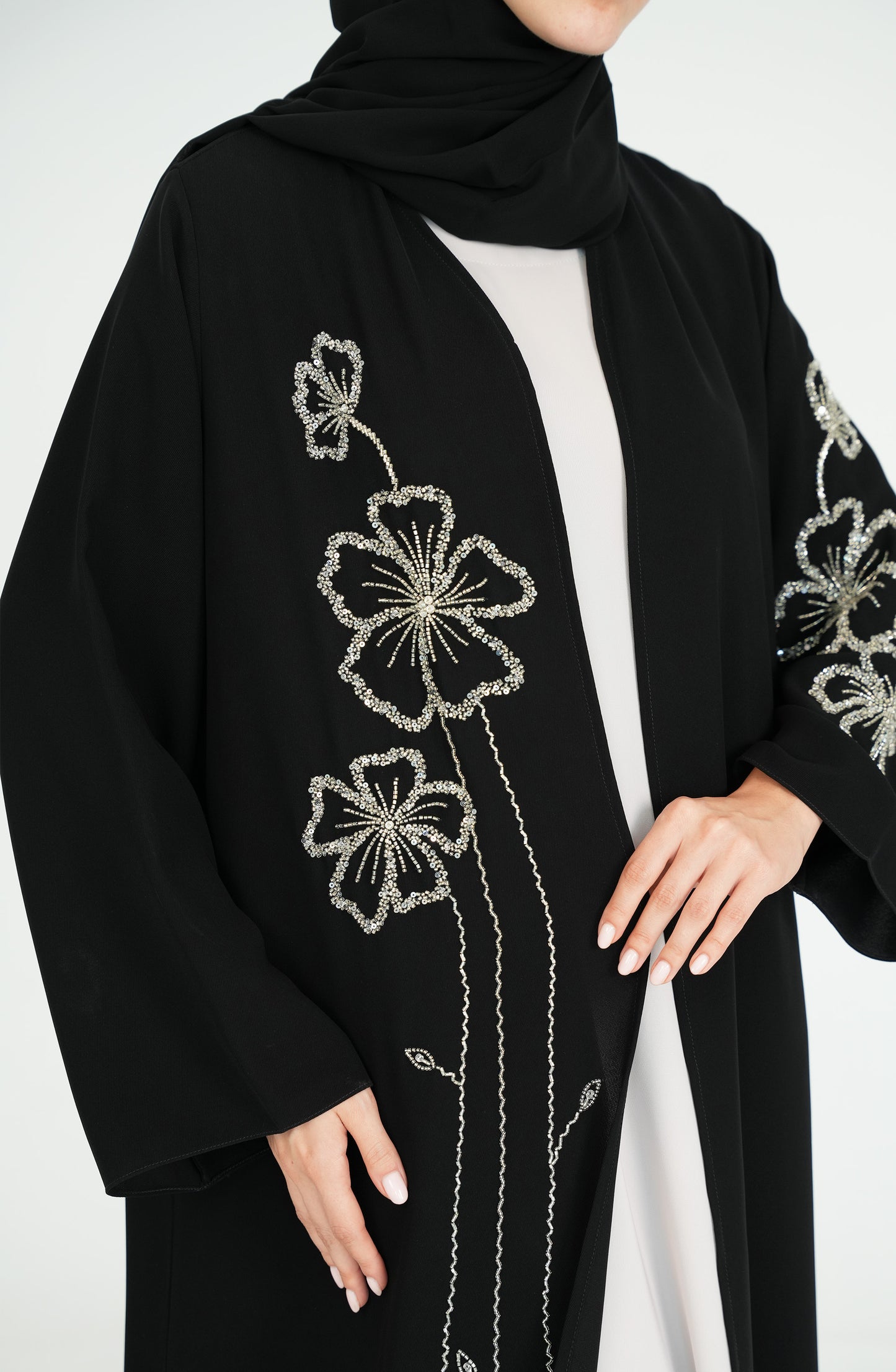 Salsa Crepe Abaya with silver handwork