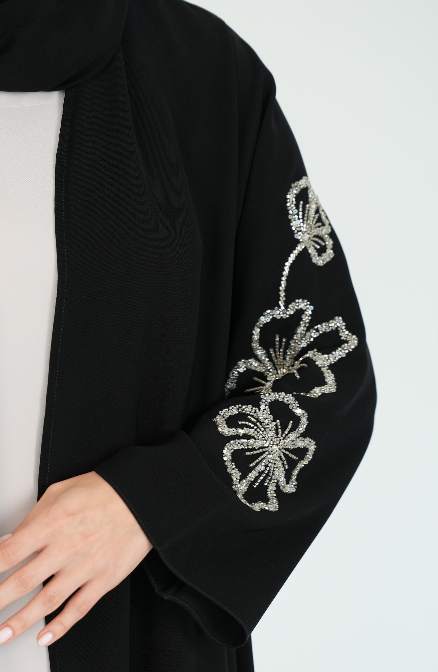 Salsa Crepe Abaya with silver handwork