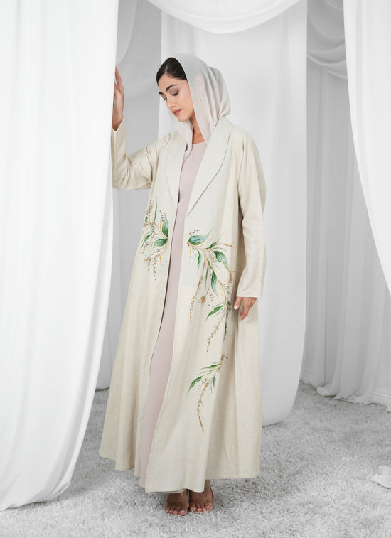 Linen Painting style abaya with beads handwork