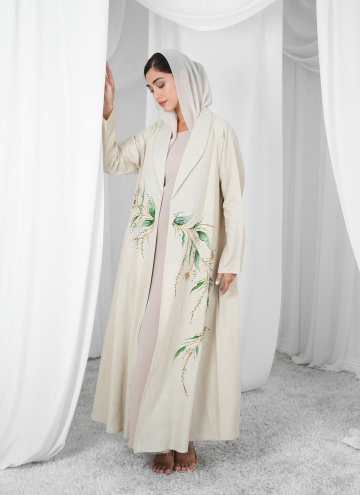 Linen Painting style abaya with beads handwork