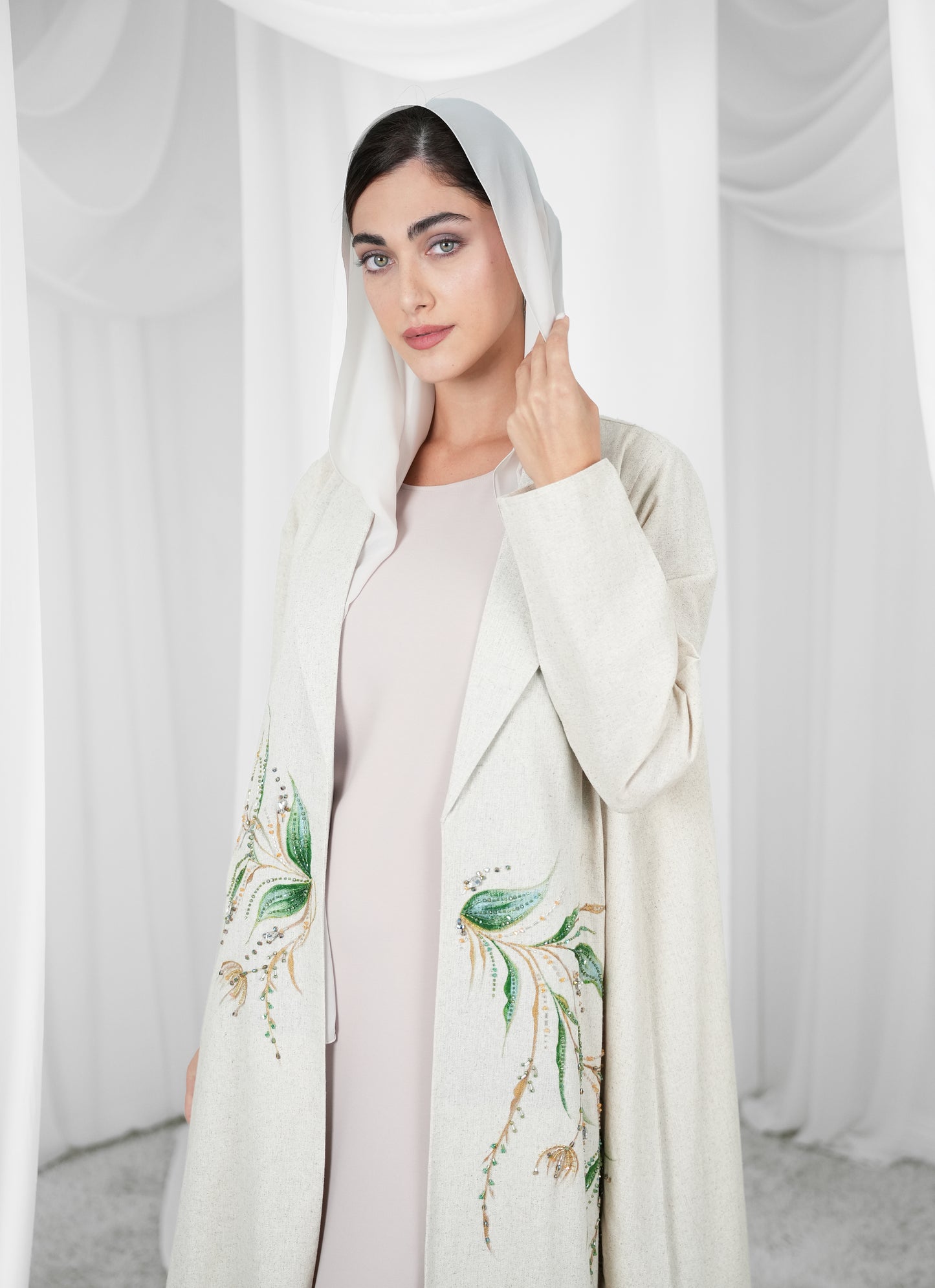 Linen Painting style abaya with beads handwork