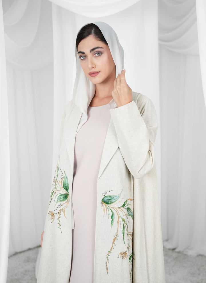 Linen Painting style abaya with beads handwork