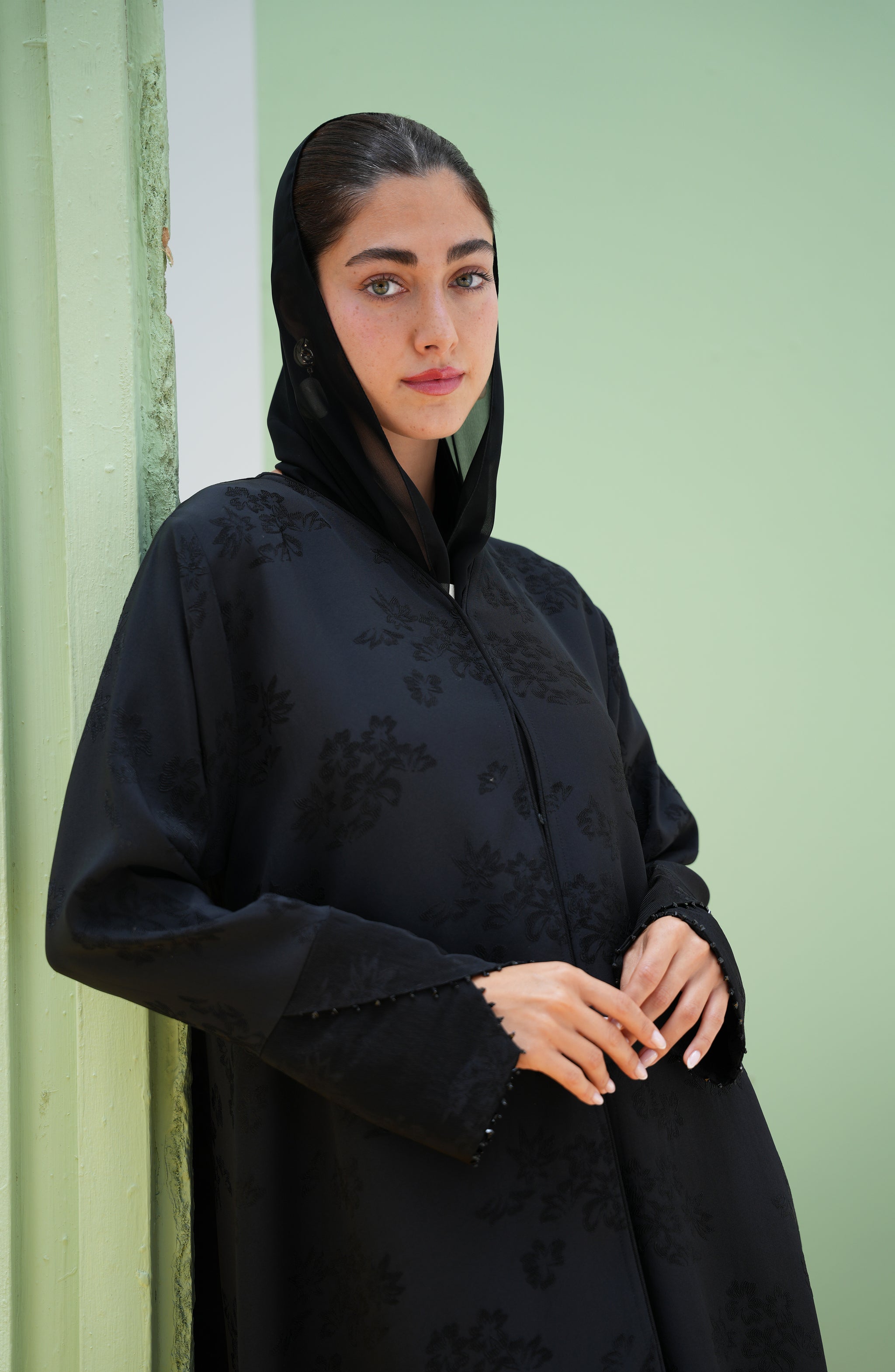 Turkish Jacquard with Beaded Sleeve Opening Detail Abaya