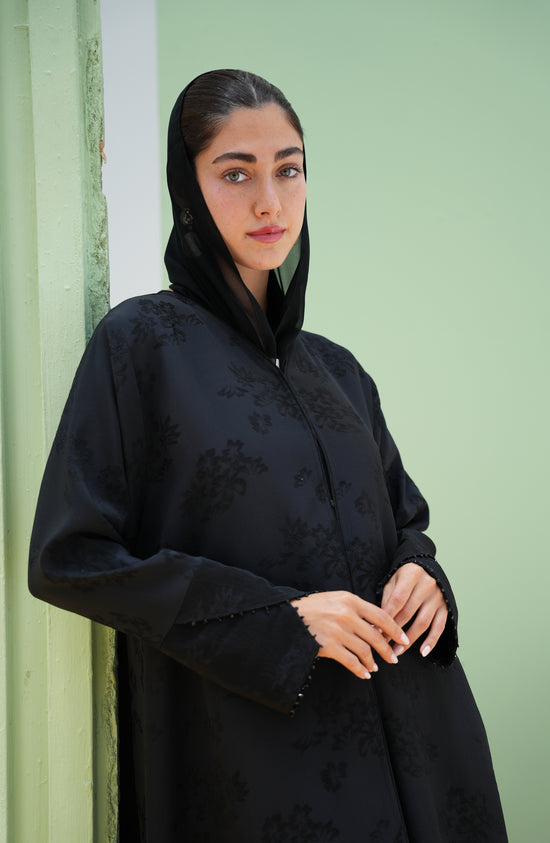 Turkish Jacquard with Beaded Sleeve Opening Detail Abaya