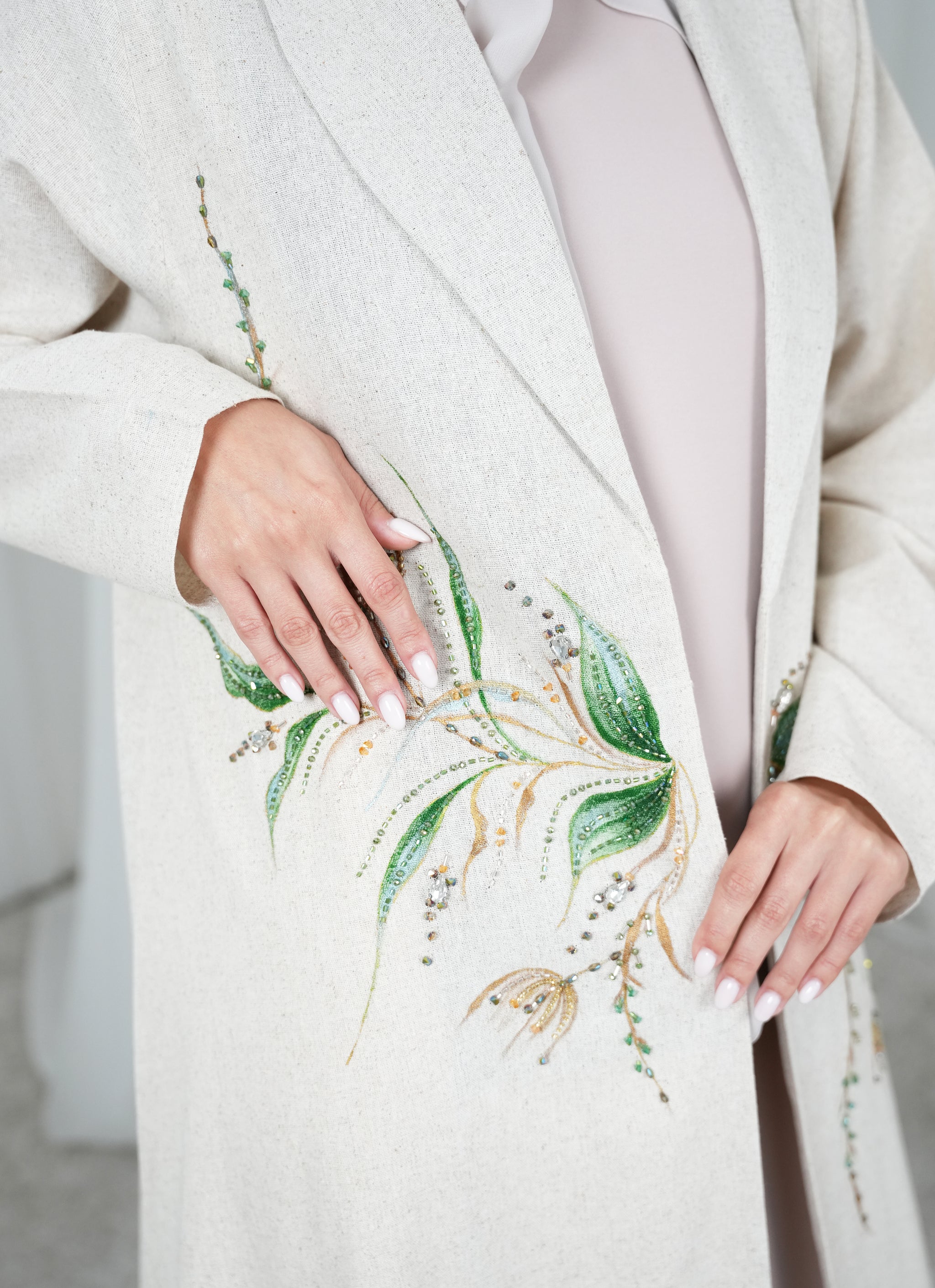 Linen Painting style abaya with beads handwork