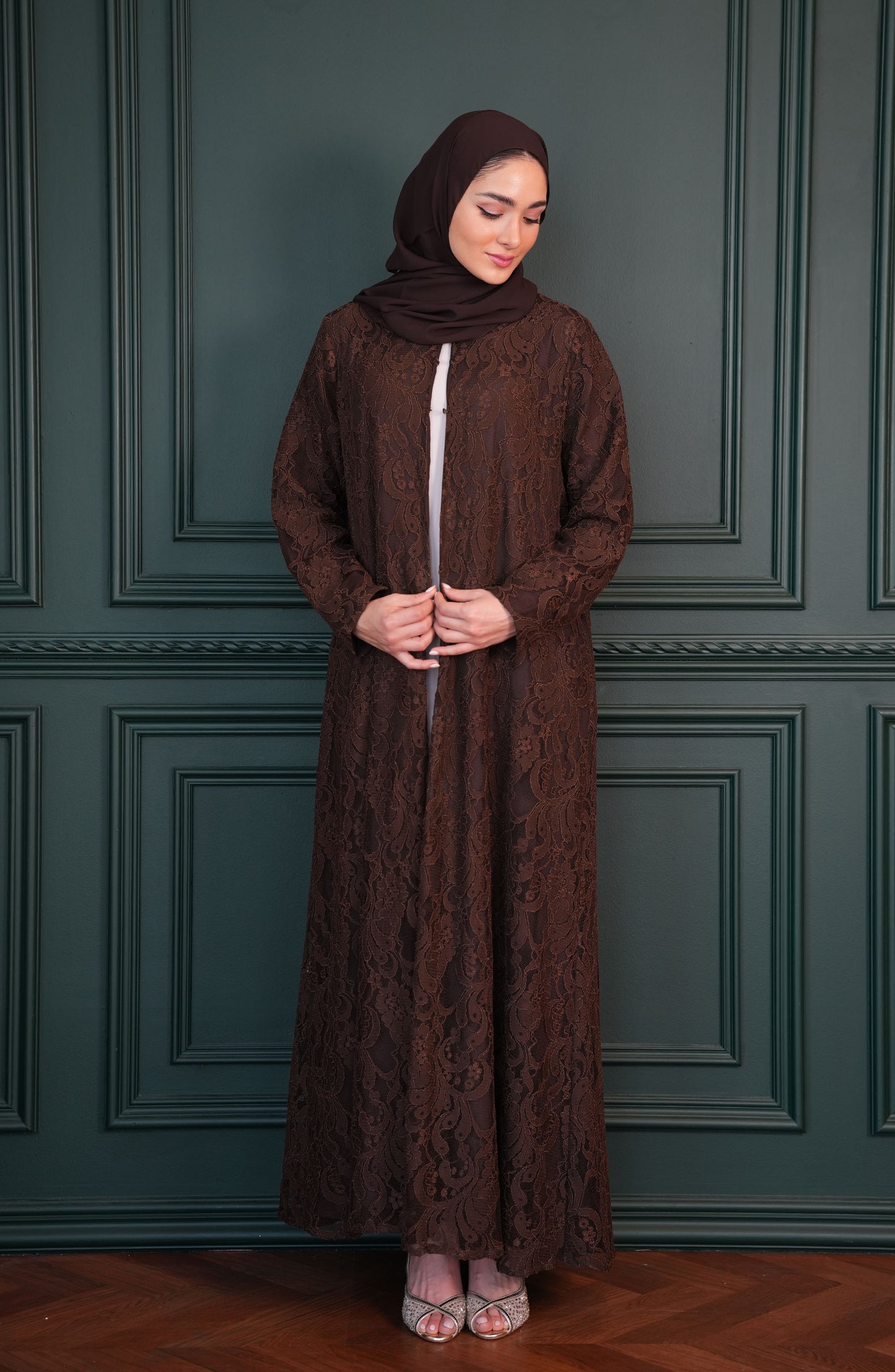 Lace Abaya with chiffon lining Brown