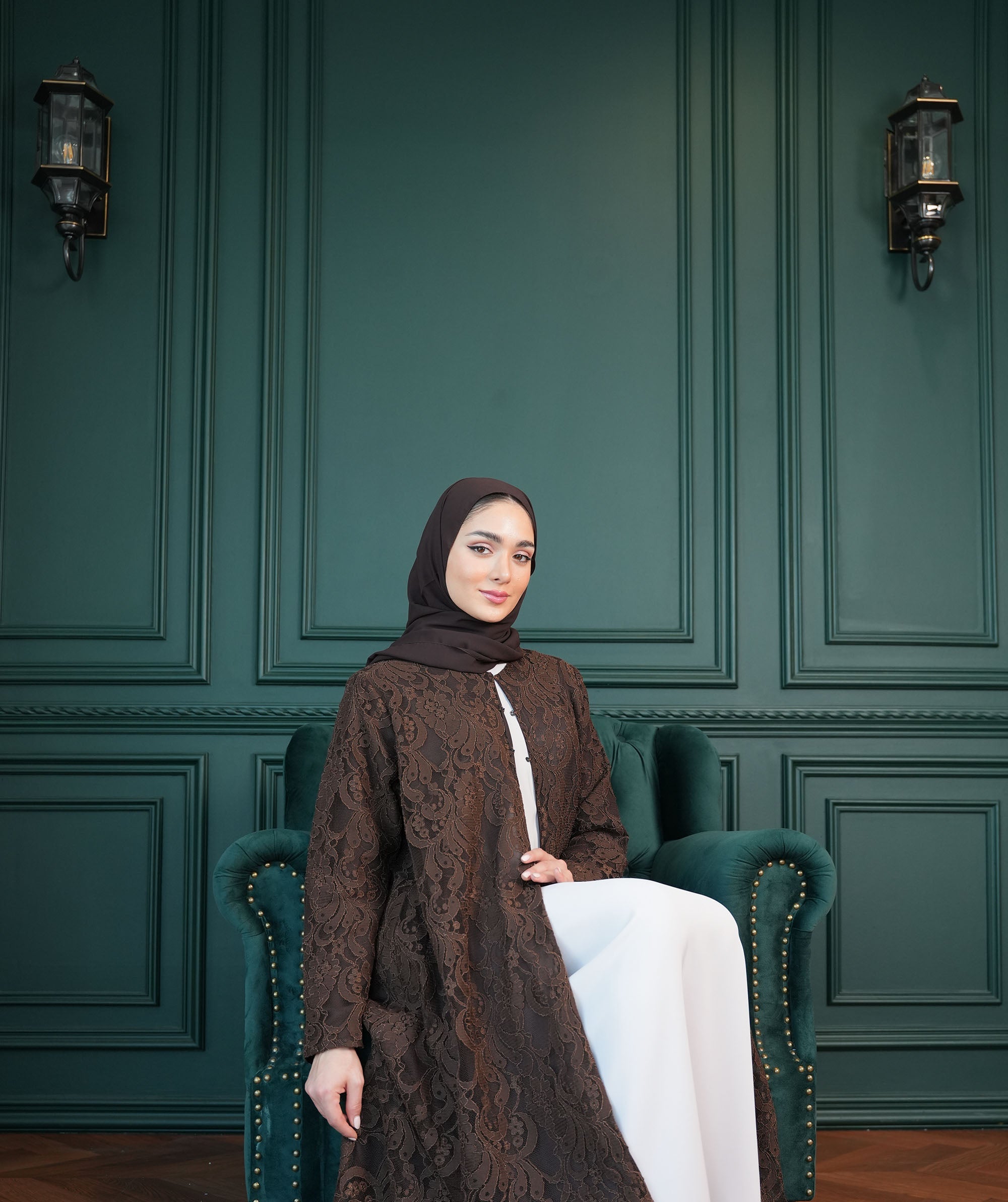 Lace Abaya with chiffon lining Brown