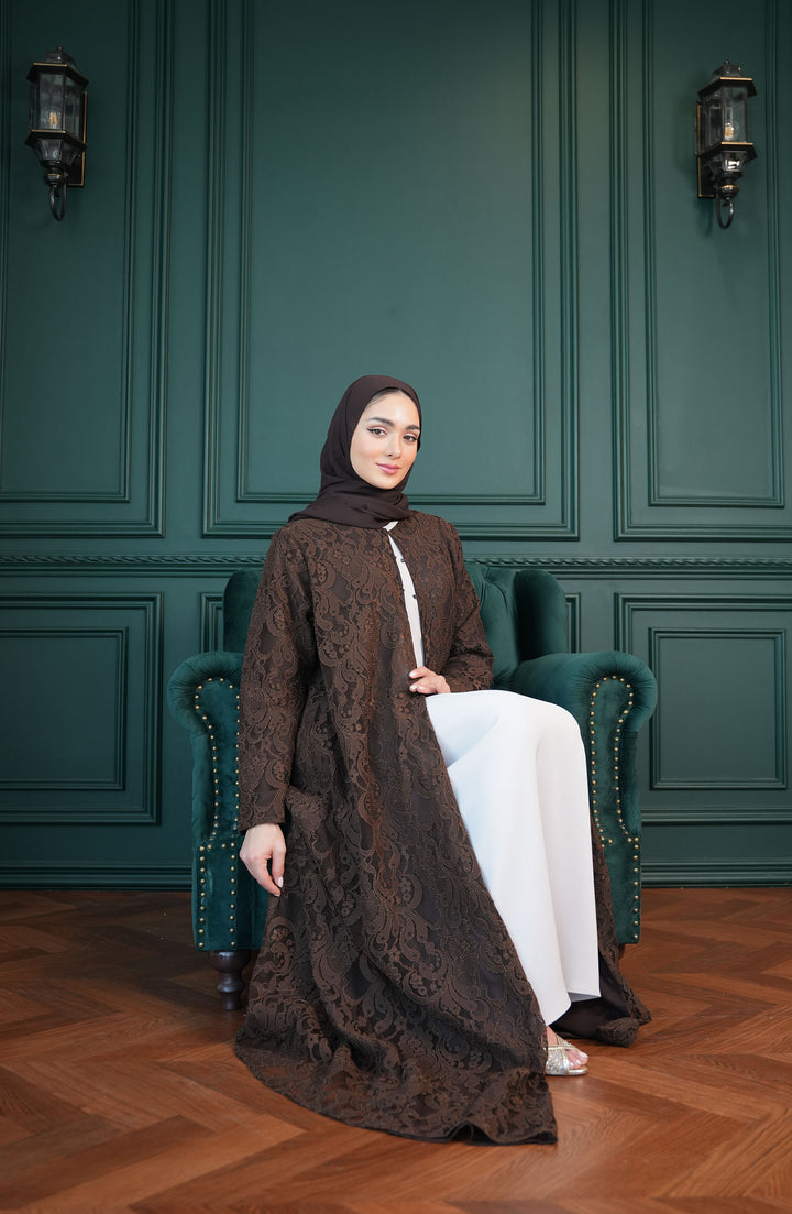 Lace Abaya with chiffon lining Brown