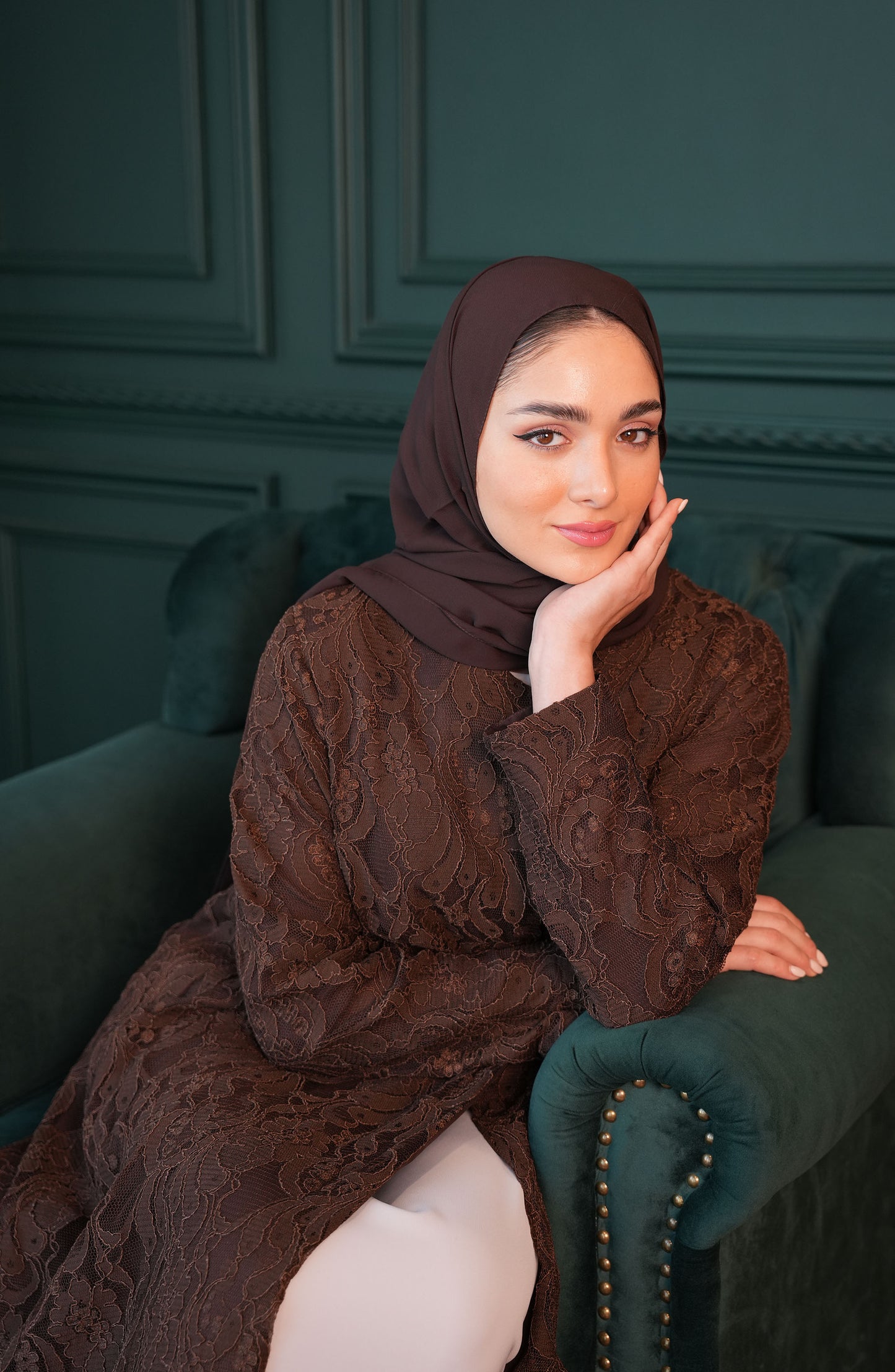 Lace Abaya with chiffon lining Brown