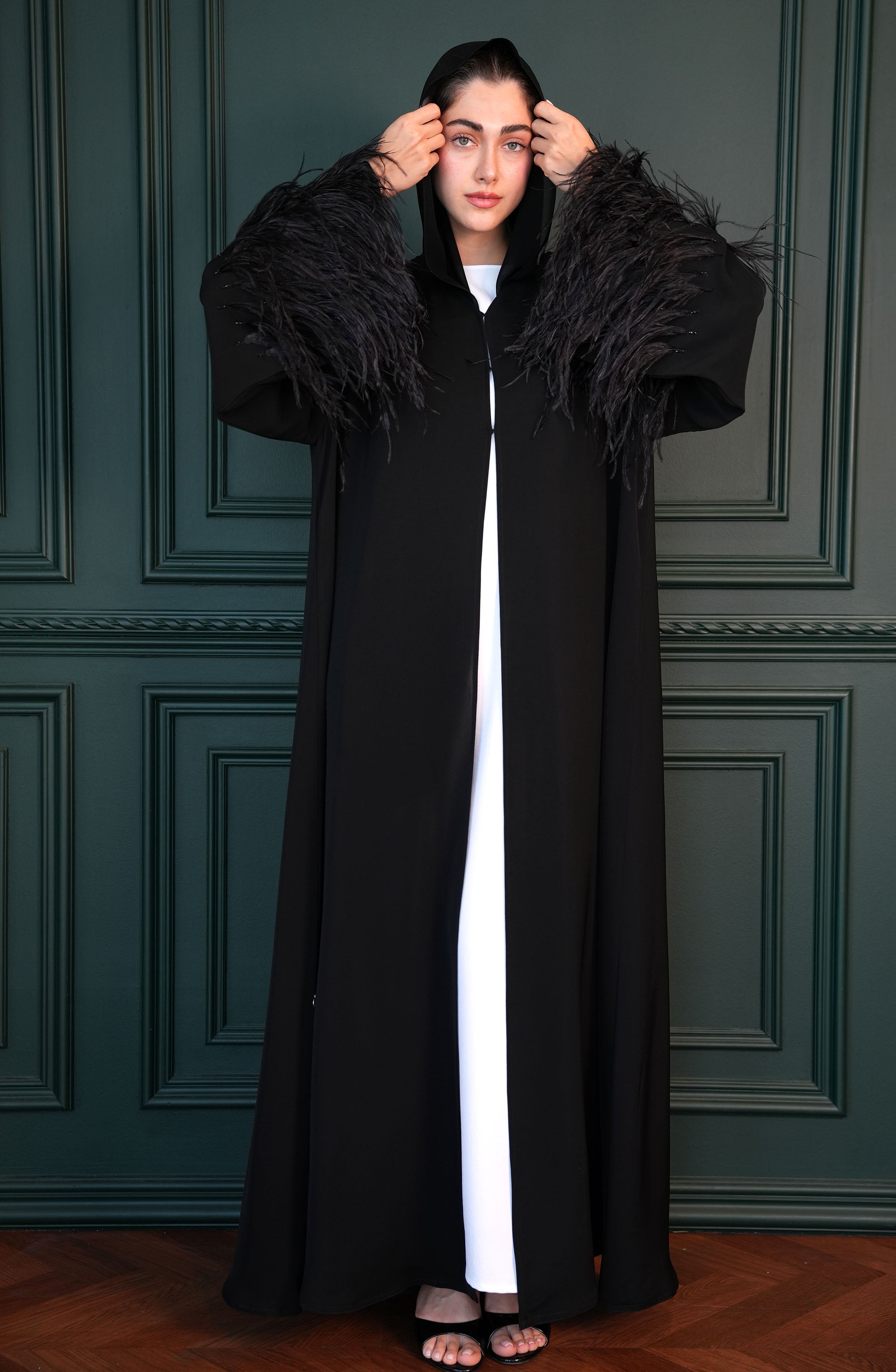 Internet fabric Abaya with feathers and handmade beadwork