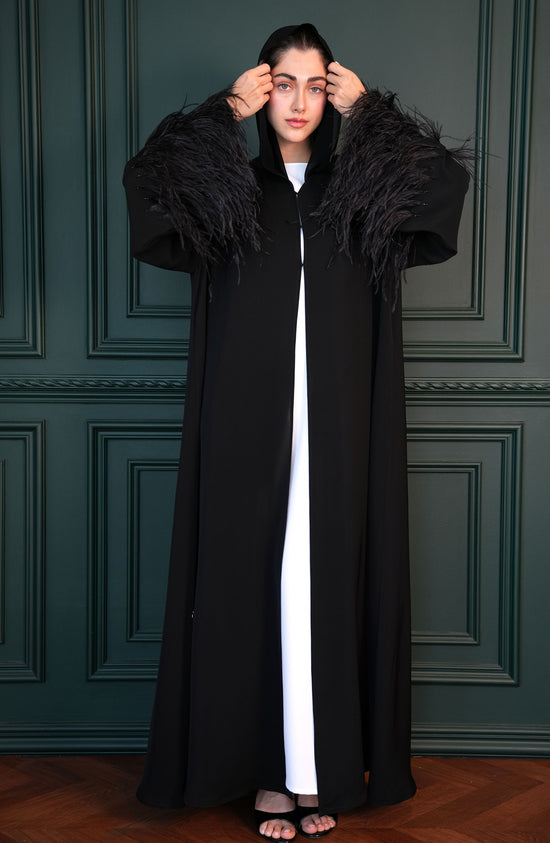 Internet fabric Abaya with feathers and handmade beadwork