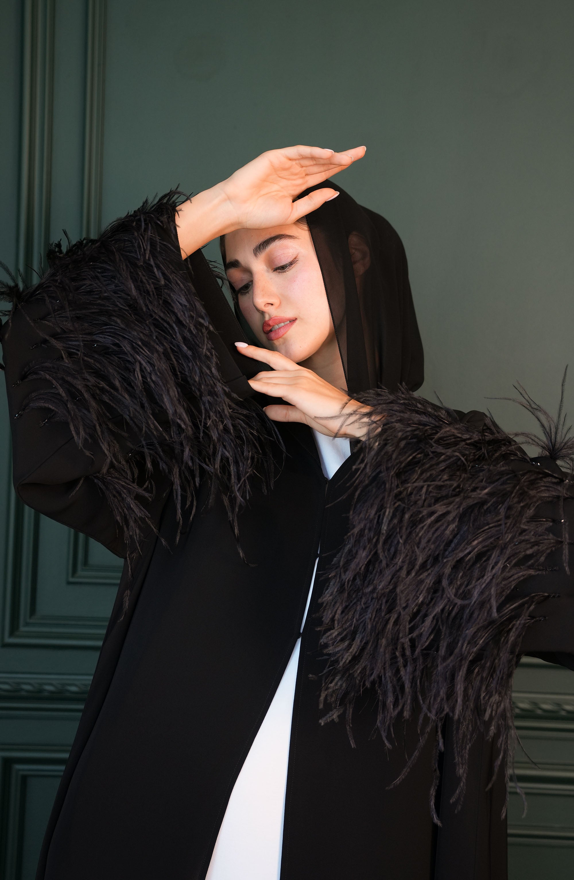 Internet fabric Abaya with feathers and handmade beadwork