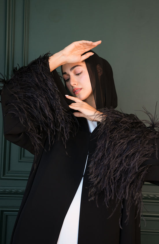 Internet fabric Abaya with feathers and handmade beadwork