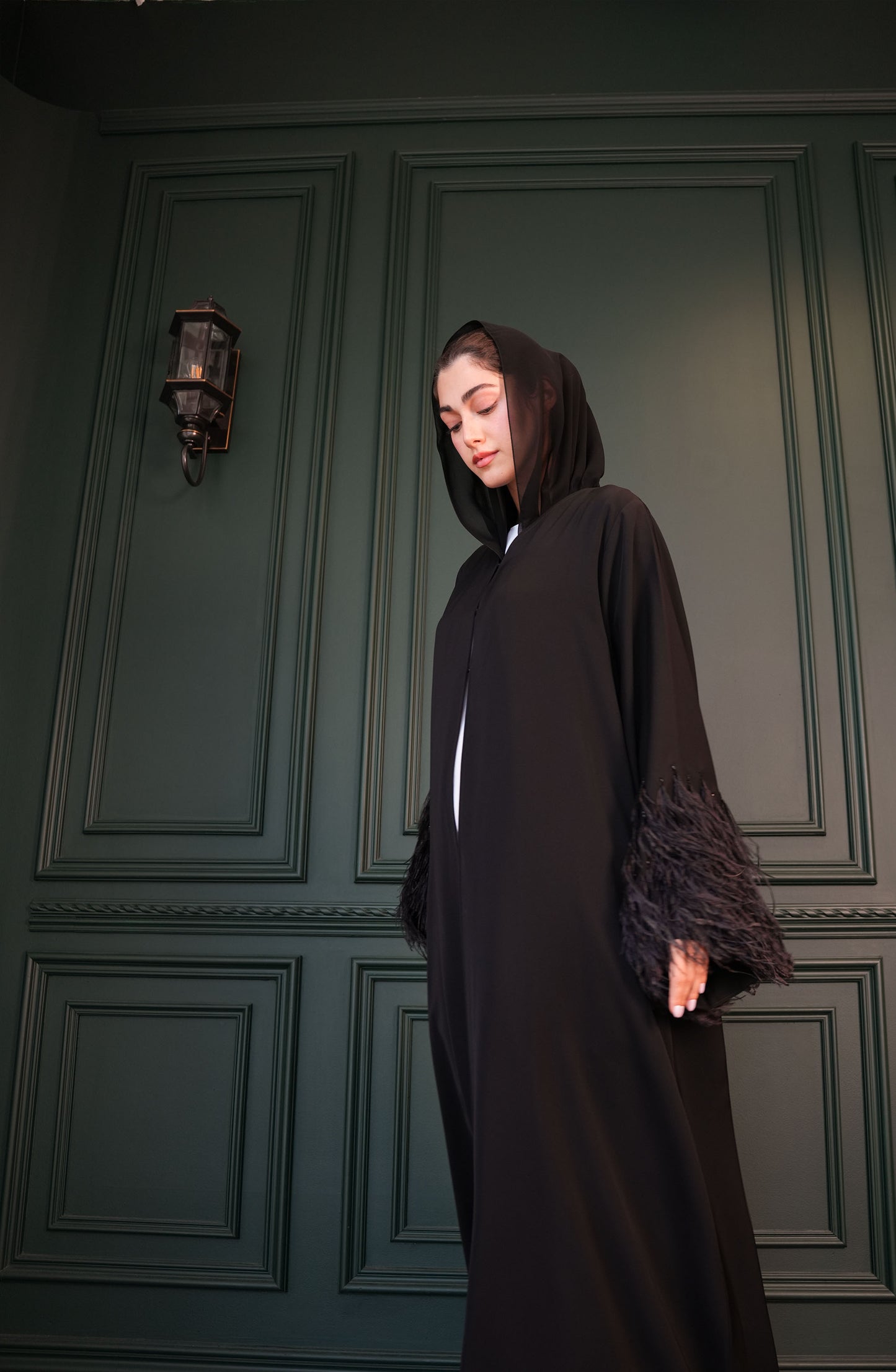 Internet fabric Abaya with feathers and handmade beadwork