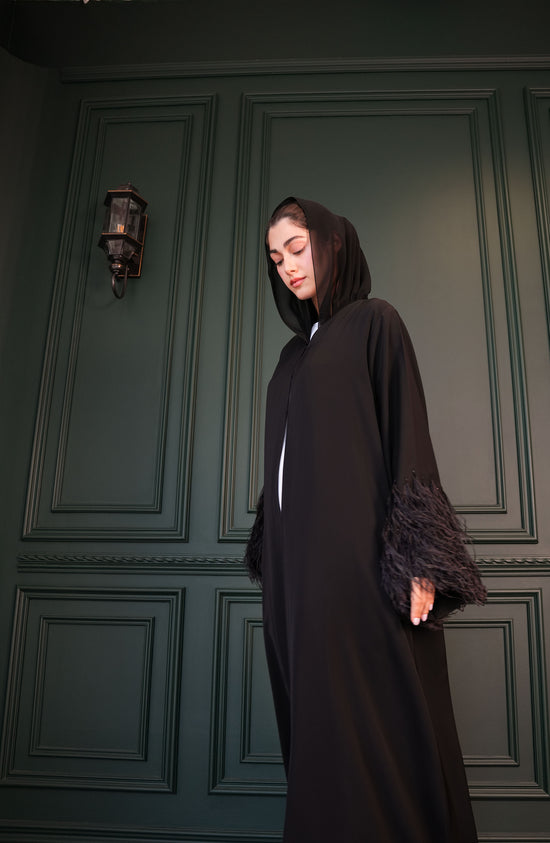 Internet fabric Abaya with feathers and handmade beadwork