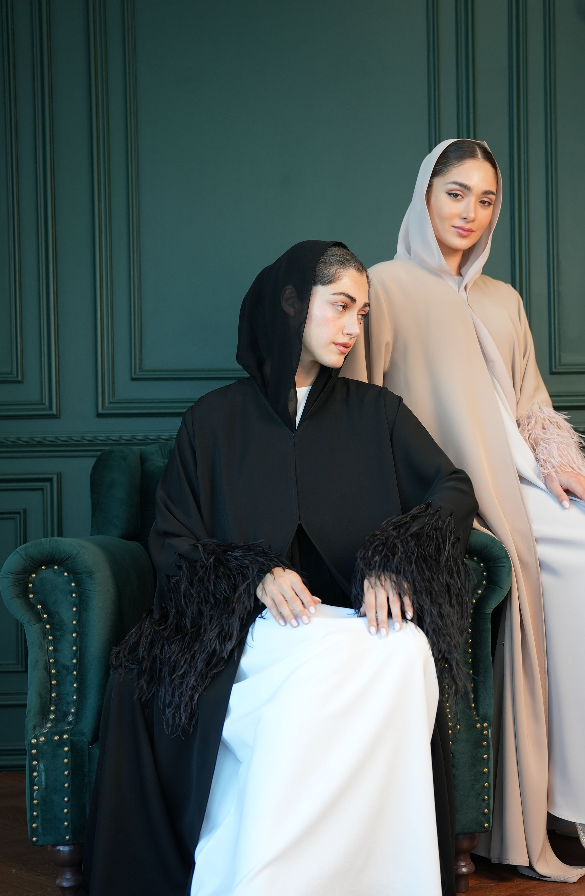Internet fabric Abaya with feathers and handmade beadwork