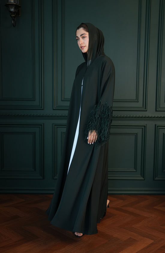Internet fabric Abaya with feathers and handmade beadwork