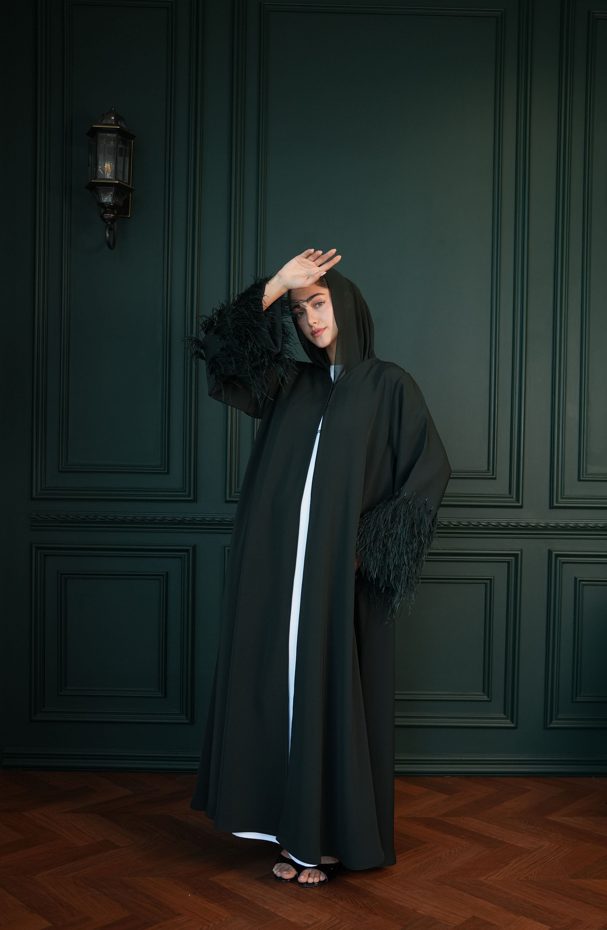 Internet fabric Abaya with feathers and handmade beadwork