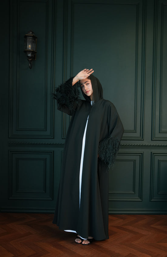 Internet fabric Abaya with feathers and handmade beadwork
