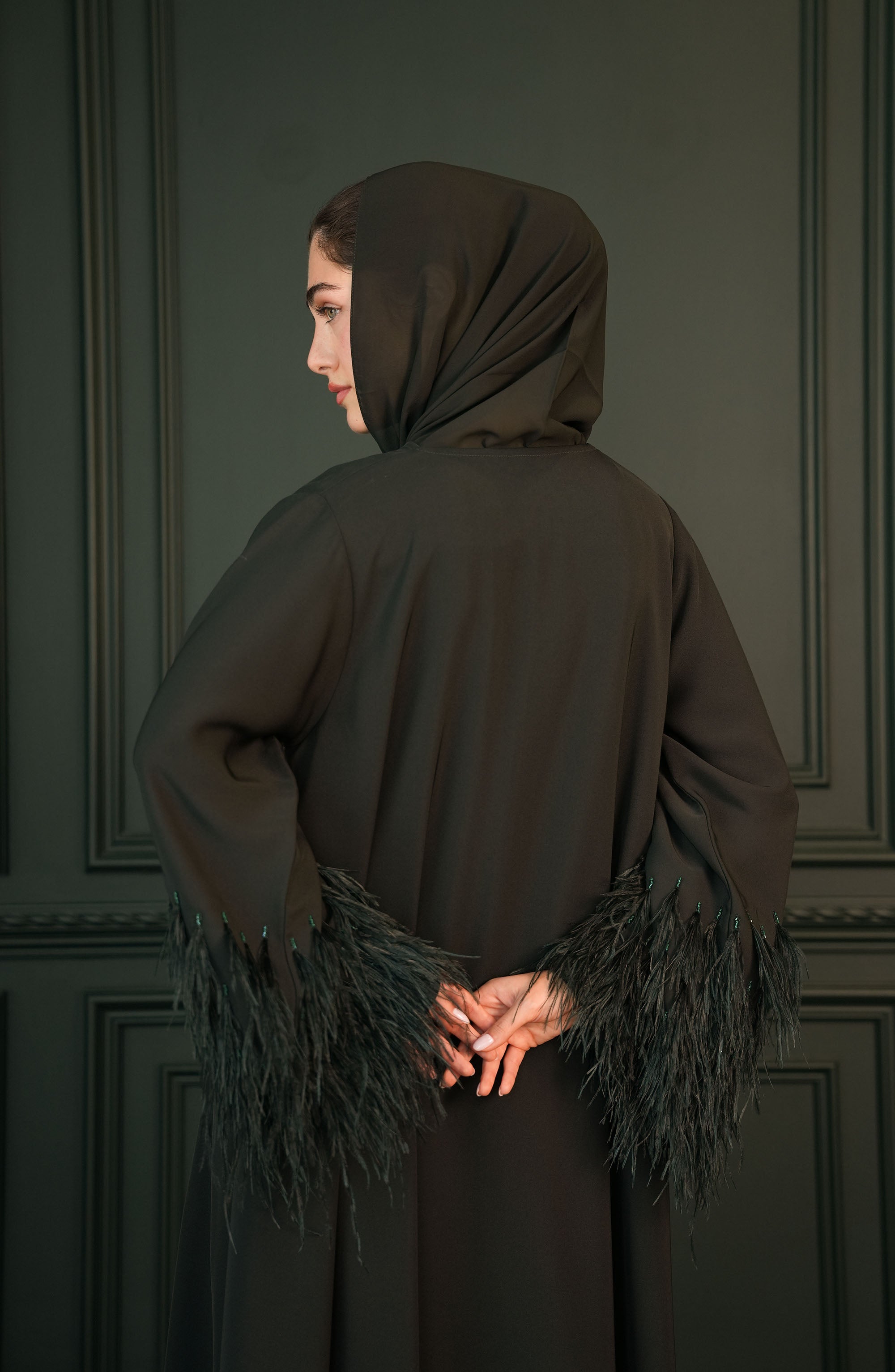 Internet fabric Abaya with feathers and handmade beadwork
