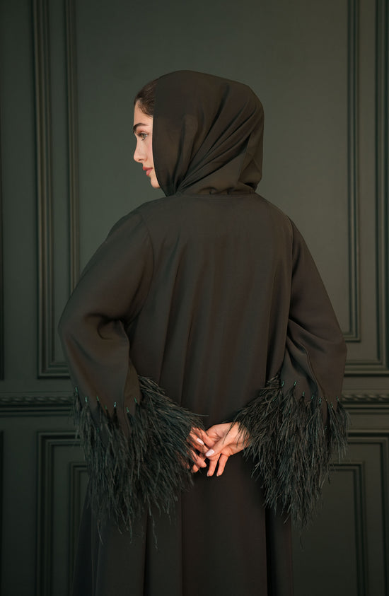 Internet fabric Abaya with feathers and handmade beadwork