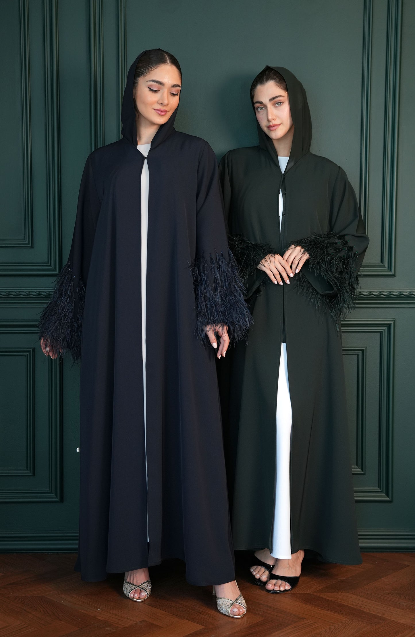 Internet fabric Abaya with feathers and handmade beadwork