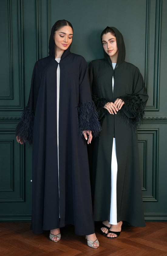 Internet fabric Abaya with feathers and handmade beadwork