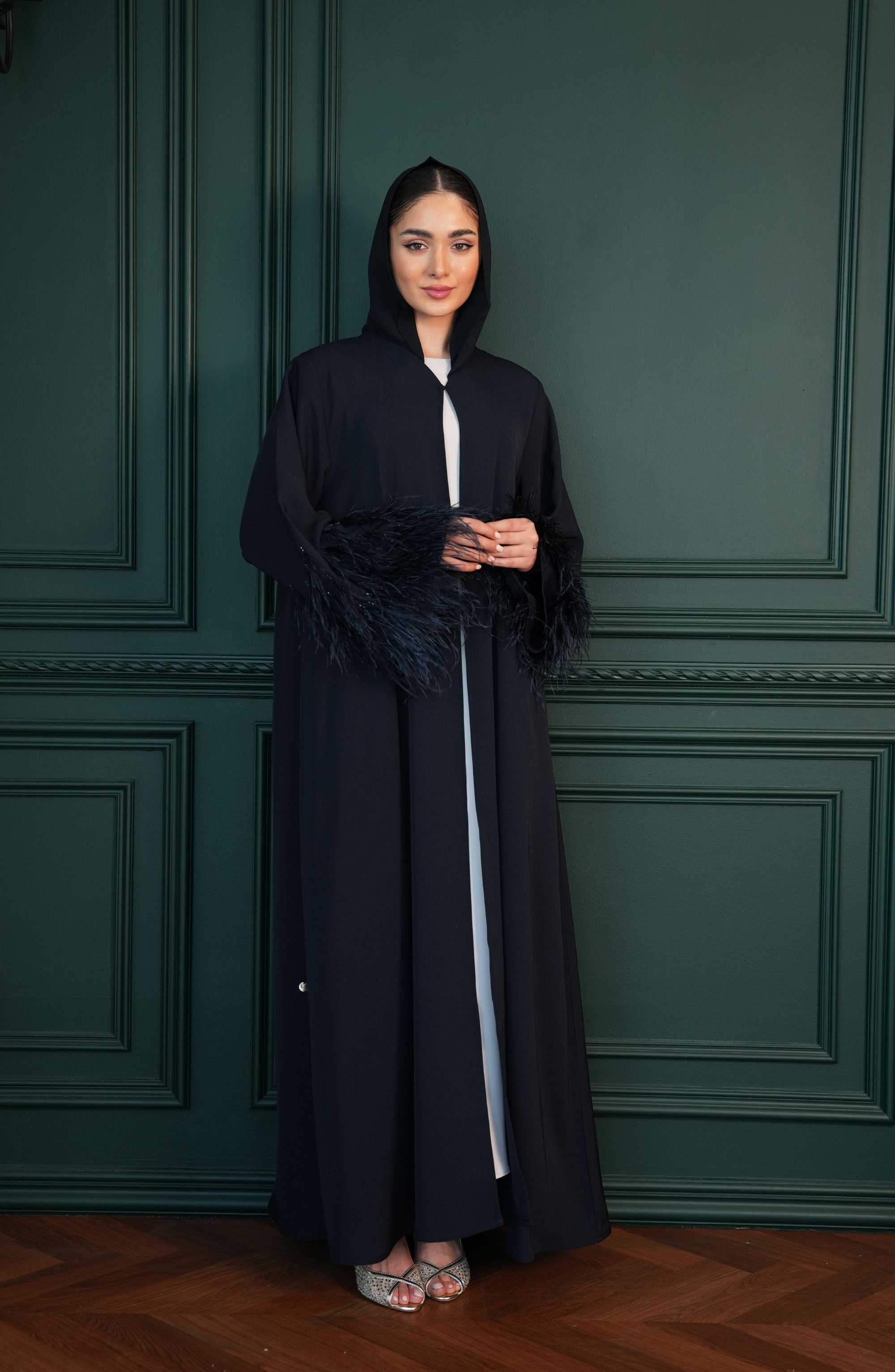 Internet fabric Abaya with feathers and handmade beadwork
