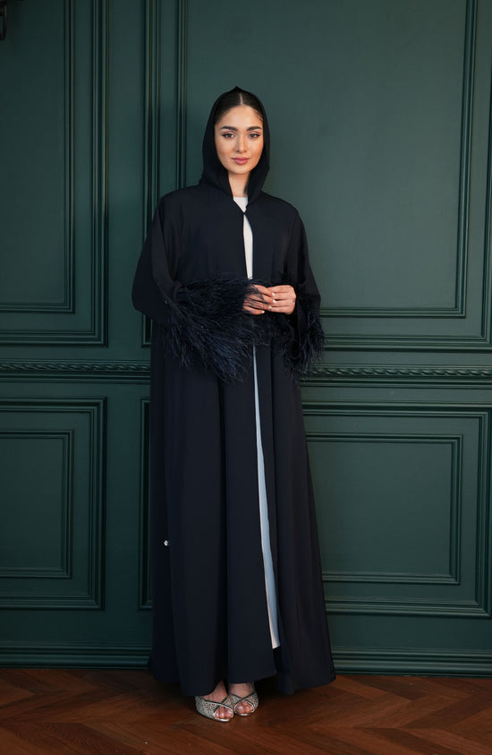 Internet fabric Abaya with feathers and handmade beadwork