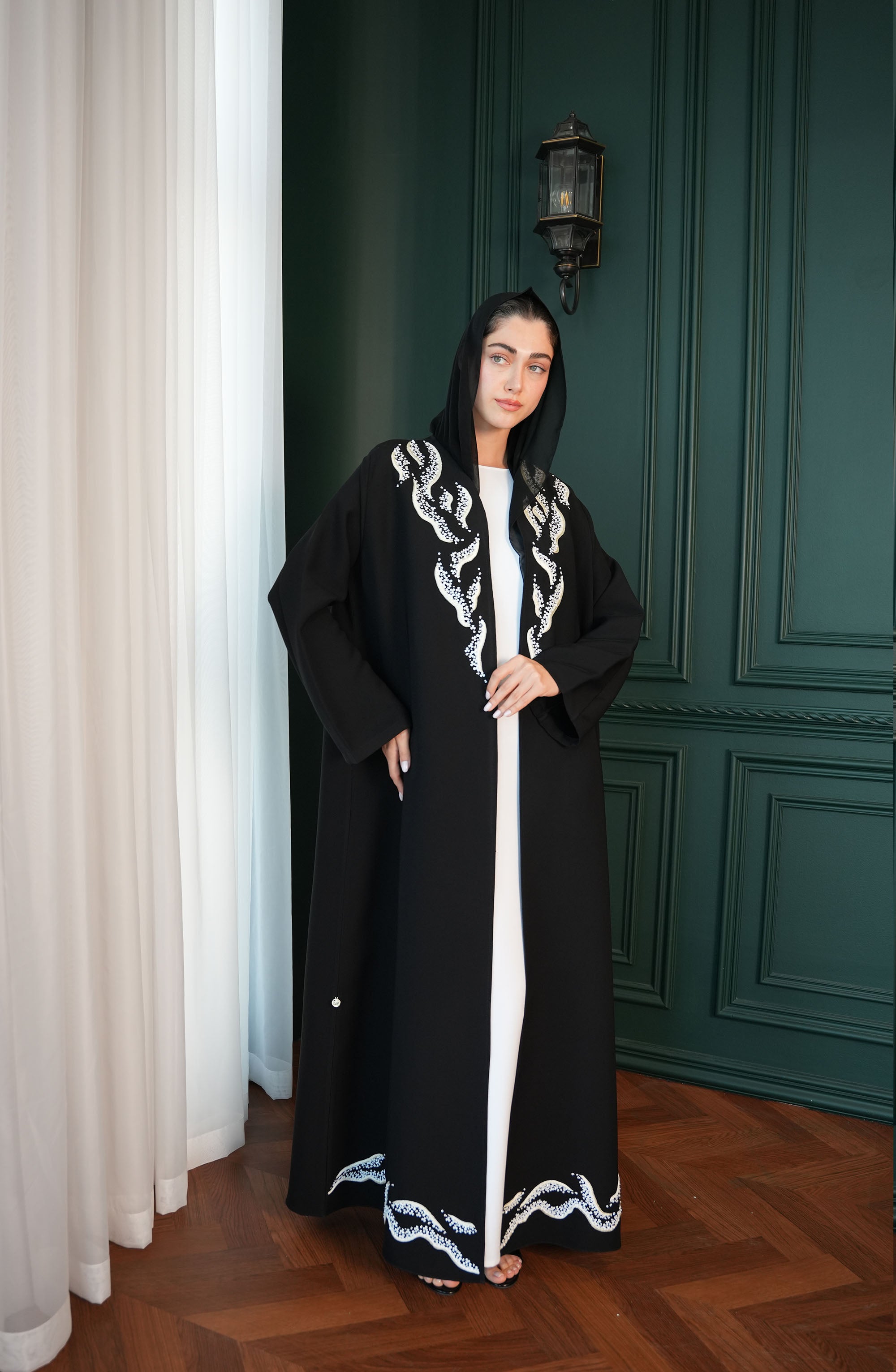 Italian crepe Abaya , hand-embroidered with beads