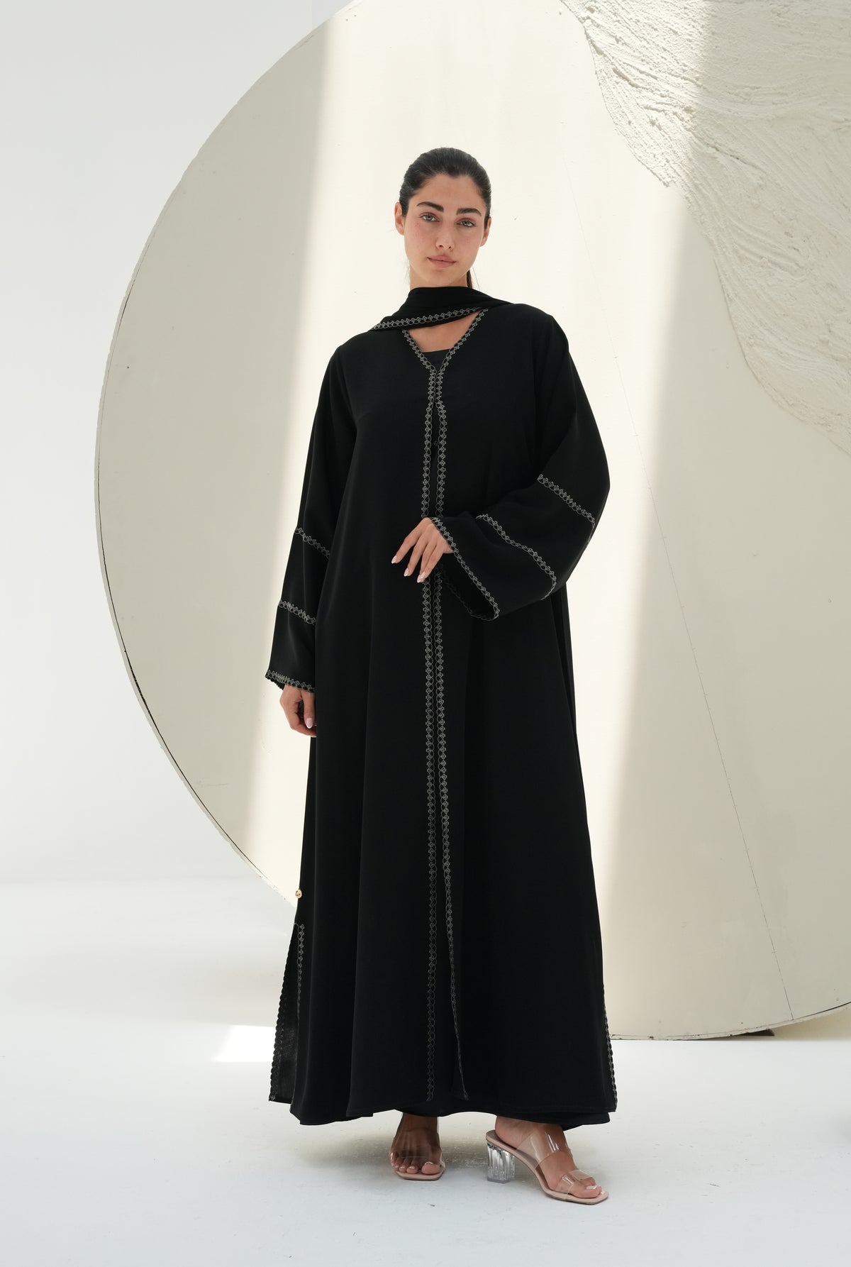 Victoria crepe Embroidery work on abaya and shaila, Open sides on abaya